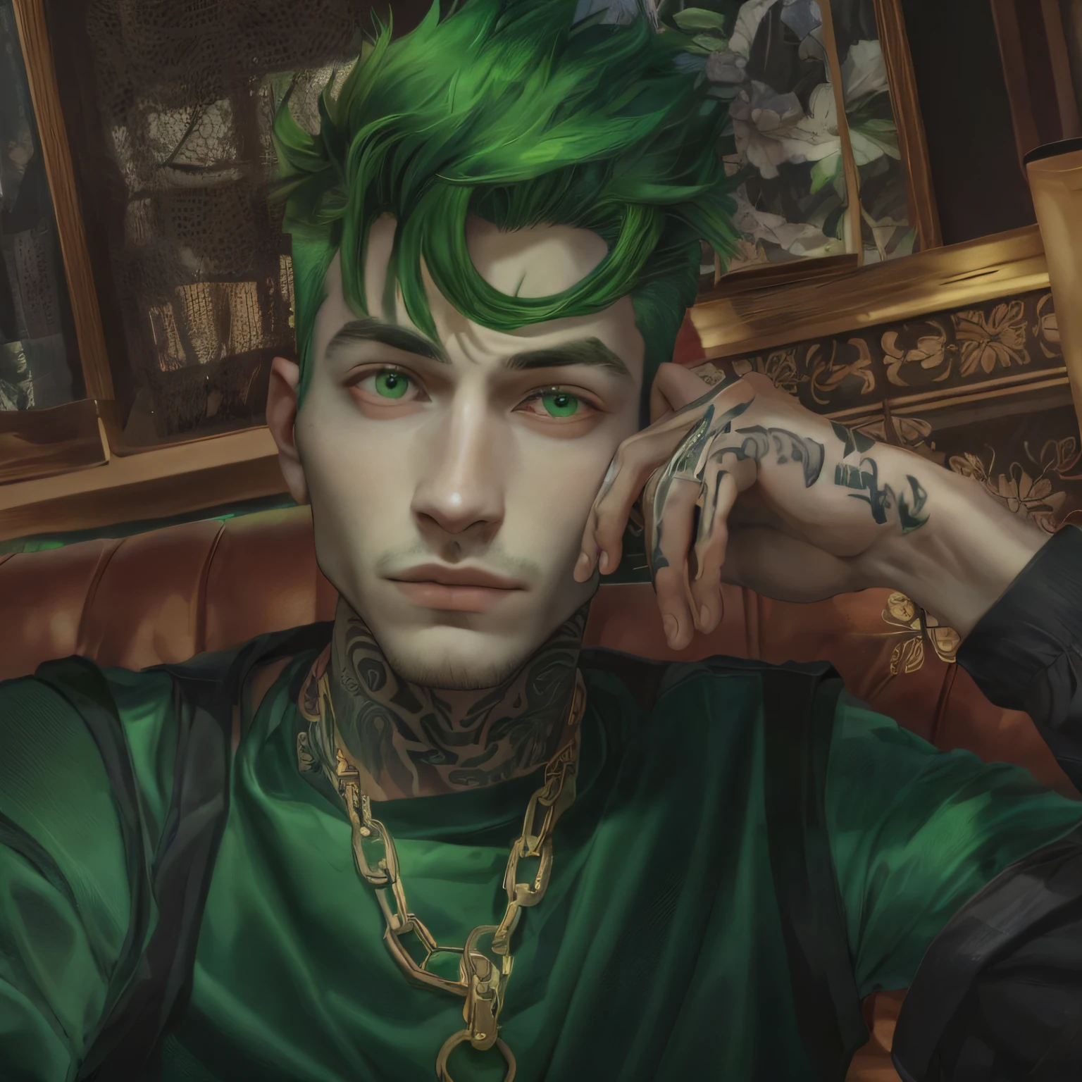 arafed man with green hair sitting on a couch with a tattoo on his arm, green hair, short green hair, short unkempt green hair, bright green hair, androgynous person, an epic non - binary model, androgyny, green mane, portrait androgynous girl, androgynous male, short green bobcut, androgynous