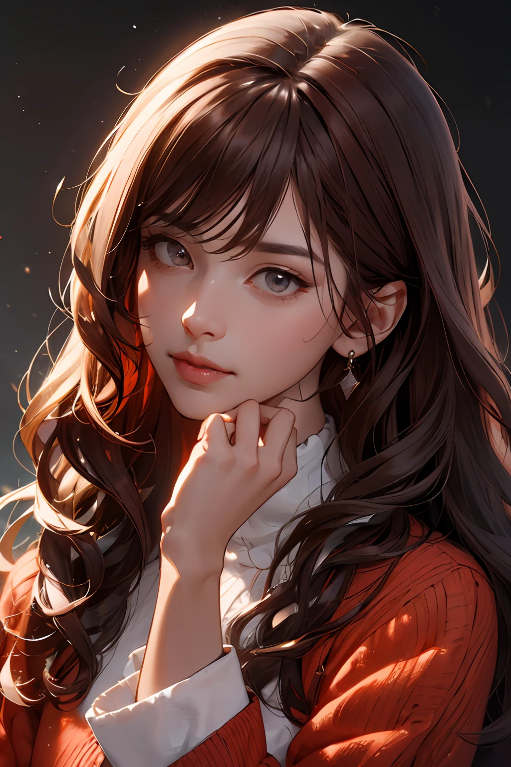 (absurd, high resolution, ultra detailed), 1 woman, mature woman, adult, long wavy hair, reddish brown hair, coral eyes, bangs, long sleeves, finely detailed eyes and detailed face, extremely detailed unity 8k CG wallpaper, intricate details, ( style-swirlmagic: 1.0)