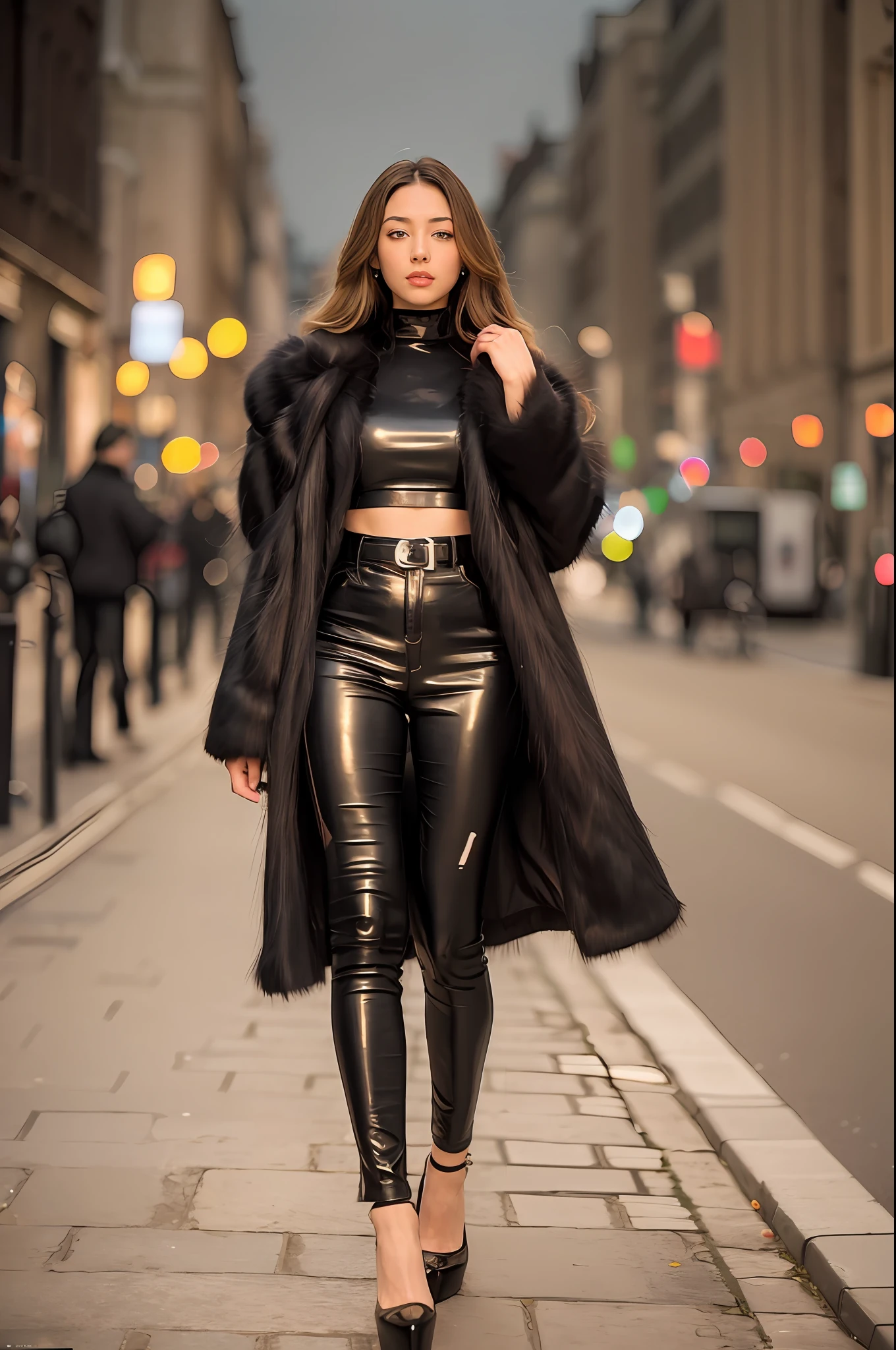 1 woman, Latina woman, best age, long brown hair, body with curves, perfect body, walking in the night of London, streets of London, night lights, poles, people, dressed in a beautiful black fur coat and a black leather pants, high heels, black fur coat, long hair clares, night, luxurious, elegant, beautiful curves, 8k, HDR, (soft color: 1.2), shallow depth of field, wide light, high contrast, backlighting, flower, light brightnesses, chromatic aberration, sharp focus, RAW color photo