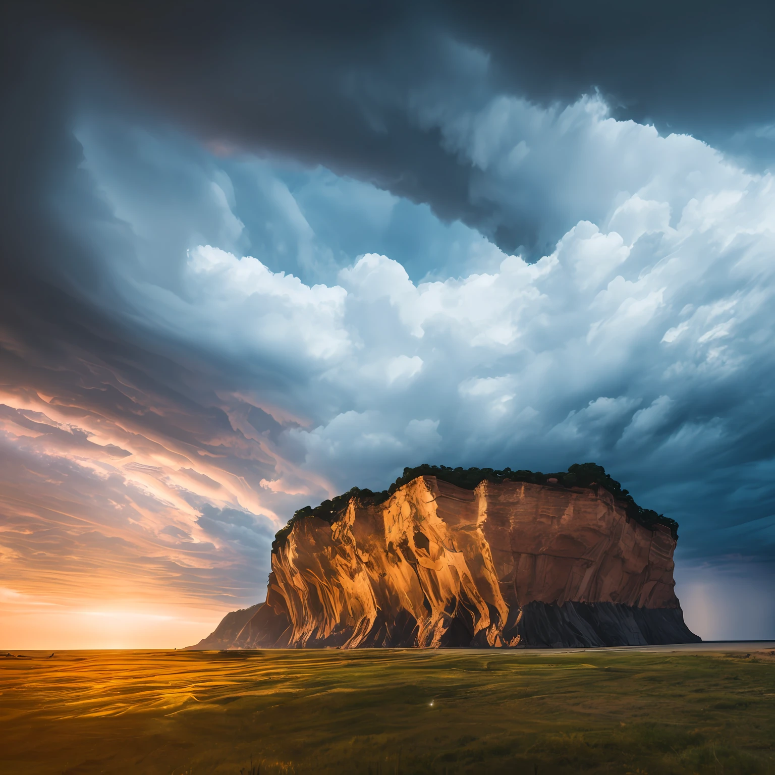 photographically realistic image of a massive cliff face, stormy sky, insects, cinematic lighting --ar 16:9 --auto