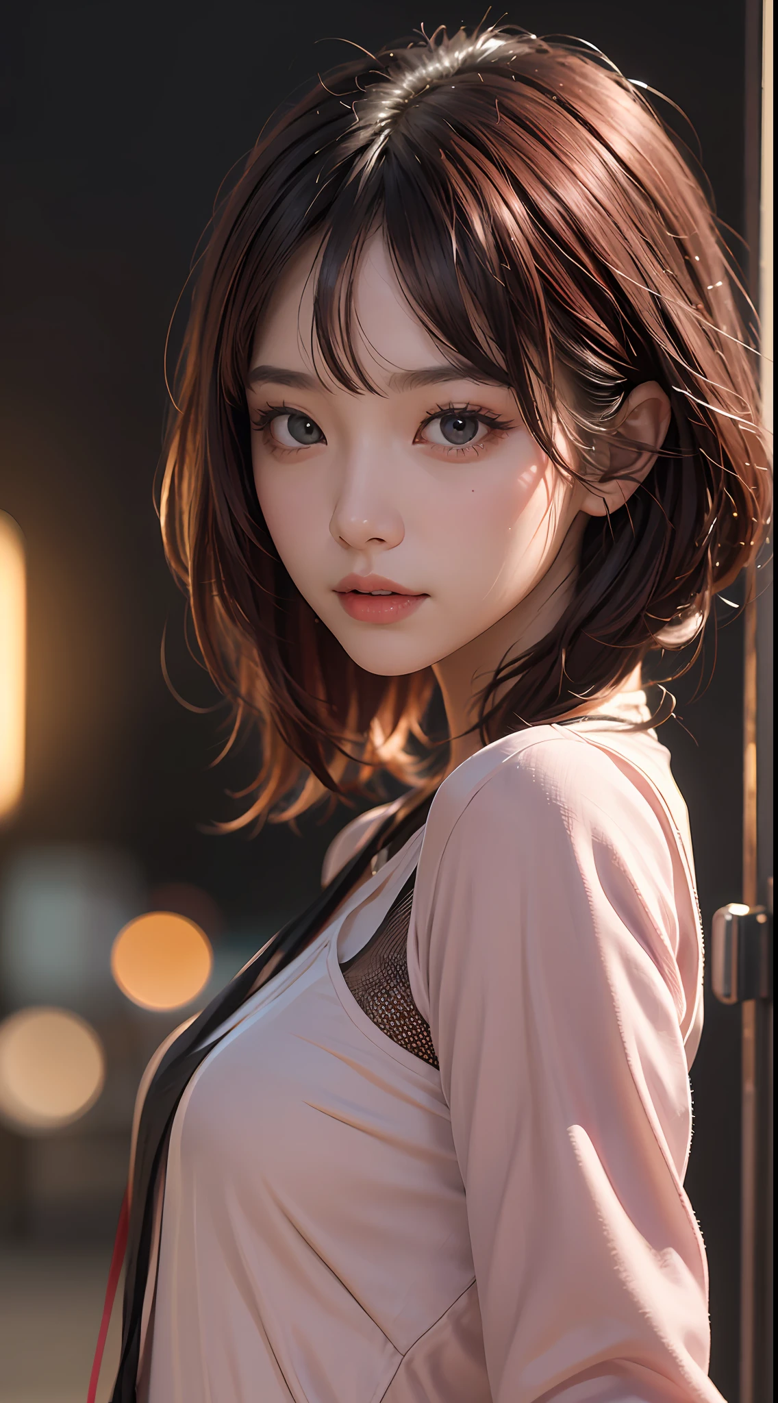 日向坂46、加藤史帆、Masterpiece, 1 Beautiful Girl, Detailed Eyes, Swollen Eyes, Top Quality, Ultra High Resolution, (Reality: 1.4), Cinematic Lighting, Japanese, Asian Beauty, Korean, Very Beautiful, Beautiful Skin, Slender, Body Facing Forward, (Ultra Realistic), (High Resolution), (8K), (Very Detailed), ( Best Illustration), (beautifully detailed eyes), (super detailed), (wallpaper), detailed face, bright lighting, professional lighting, looking at viewer, facing straight ahead, outfit is neat light pink shirt and dress, 46 point slanted bangs, night view, black hair (some red hair with mesh),