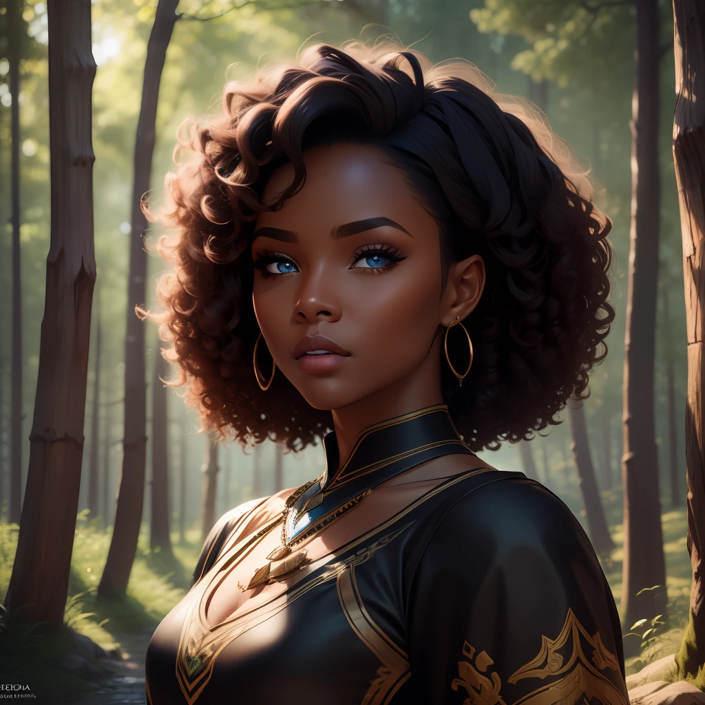 woman, beautiful black skin, african, symmetrical face, curly black hair curly hair, blue eyes, full back, upper body, portrait, ceda clothing, bright jewelry, dynamic light, medieval forest landscape, hd, 8k, TN-RpgGameGirl