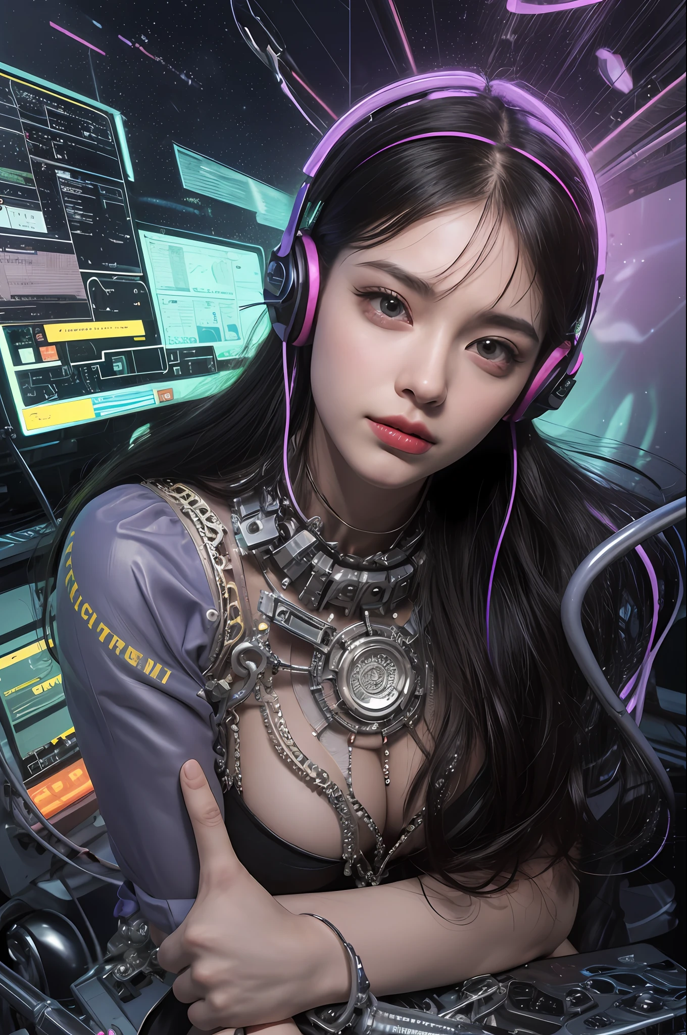Top Quality, Masterpiece, Ultra High Resolution, (Photorealistic: 1.4), Raw Photo, One Girl Inside a Huge Space Colony, Straddling a Futuristic Red Motorcycle, Behind the Wheel, Black Hair, Glossy Skin, 1 Mechanical Girl, (Ultra Realistic Details)), Portrait, Global Illumination, Shadows, Octane Rendering, 8K, Ultra Sharp, Big, cleavage exposed raw skin, metal, intricate ornamental details, headsets, hydraulic cylinders, very intricate details, realistic light, CGSoation trends, purple eyes, glowing eyes, facing the camera, neon details, mechanical limbs, blood vessels connected to tubes, mechanical vertebrae attached to the back, mechanical cervical attachment to the neck, sitting, Wires and cables connecting to the head, Evangelion, cyberpunk, small LED lamps, the background is a futuristic cylinder-shaped space city inside a colony,