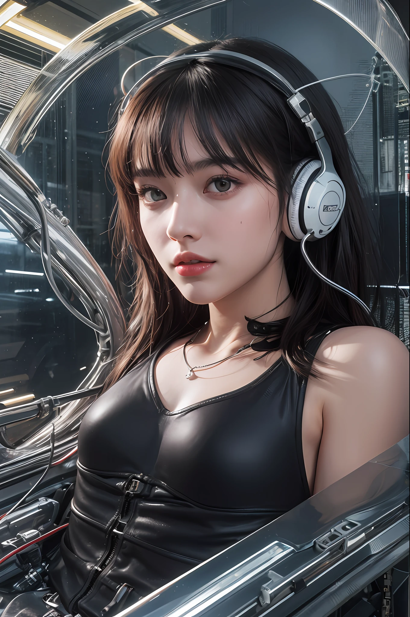Top Quality, Masterpiece, Ultra High Resolution, (Photorealistic: 1.4), Raw Photo, One Girl Inside a Huge Space Colony, Straddling a Futuristic Red Motorcycle, Behind the Wheel, Black Hair, Glossy Skin, 1 Mechanical Girl, (Ultra Realistic Details)), Portrait, Global Illumination, Shadows, Octane Rendering, 8K, Ultra Sharp, Big, cleavage exposed raw skin, metal, intricate ornamental details, headsets, hydraulic cylinders, very intricate details, realistic light, CGSoation trends, purple eyes, glowing eyes, facing the camera, neon details, mechanical limbs, blood vessels connected to tubes, mechanical vertebrae attached to the back, mechanical cervical attachment to the neck, sitting, Wires and cables connecting to the head, Evangelion, cyberpunk, small LED lamps, the background is a futuristic cylinder-shaped space city inside a colony,