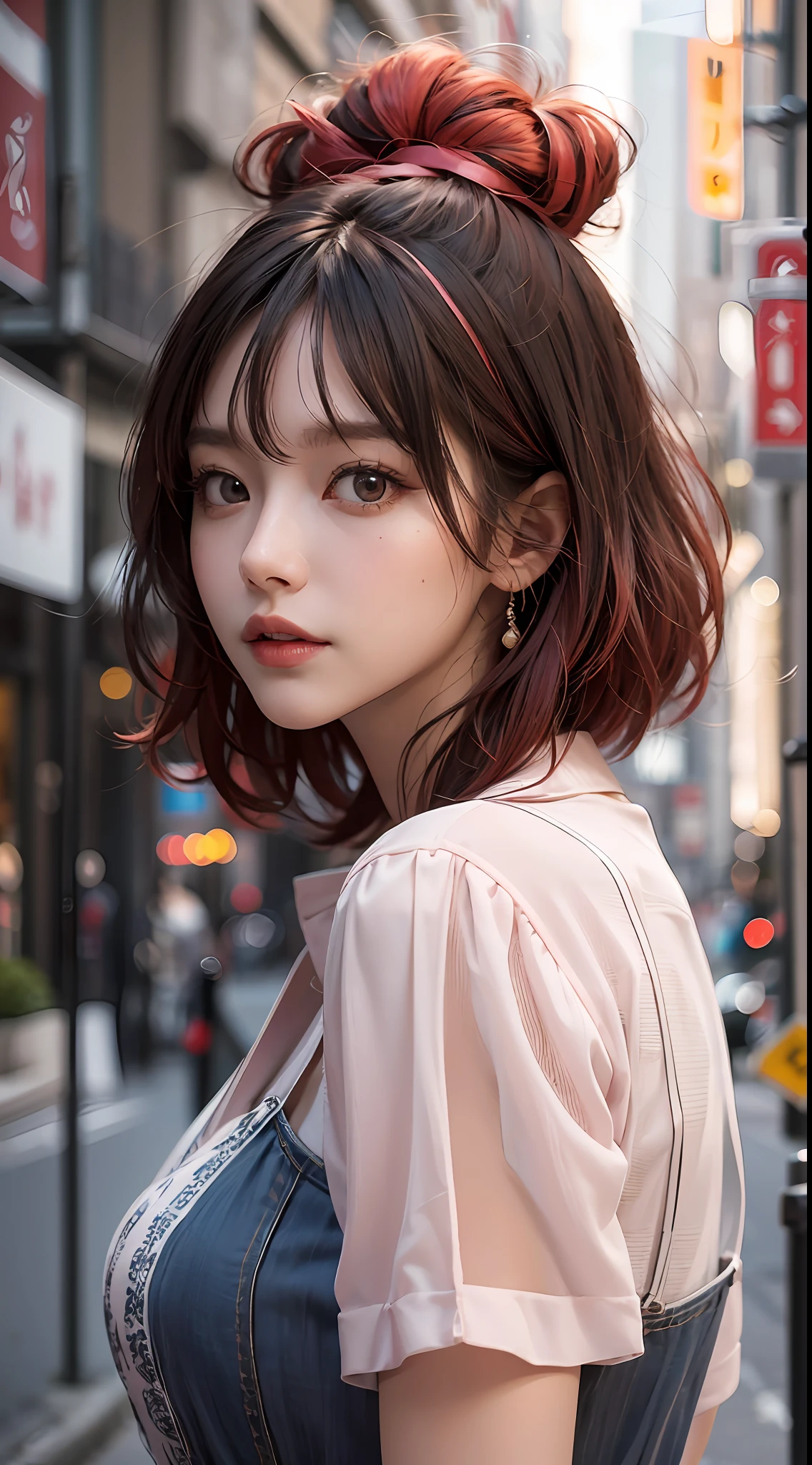 Masterpiece, 1 Beautiful Girl, Detailed Eyes, Swollen Eyes, Top Quality, Ultra High Resolution, (Reality: 1.4), Cinematic Lighting, Japanese, Asian Beauty, Korean, Very Beautiful, Beautiful Skin, Slender, Body Facing Forward, (Ultra Realistic), (High Resolution), (8K), (Very Detailed), ( Best Illustration), (beautifully detailed eyes), (super detailed), (wallpaper), detailed face, bright lighting, professional lighting, looking at viewer, facing straight ahead, outfit is neat light pink shirt and dress, 46 point slanted bangs, night view, black hair (some red hair with mesh),乃木坂４６、齋藤飛鳥、