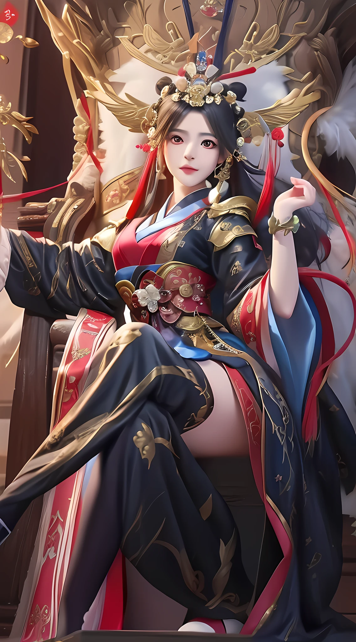 a close up of a woman in a costume sitting on a throne, a beautiful fantasy empress, by Yang J, beautiful alluring anime woman, extremely detailed artgerm, ((a beautiful fantasy empress)), onmyoji detailed art, japanese goddess, fantasy woman, beautiful character painting, artgerm. anime illustration, full body xianxia