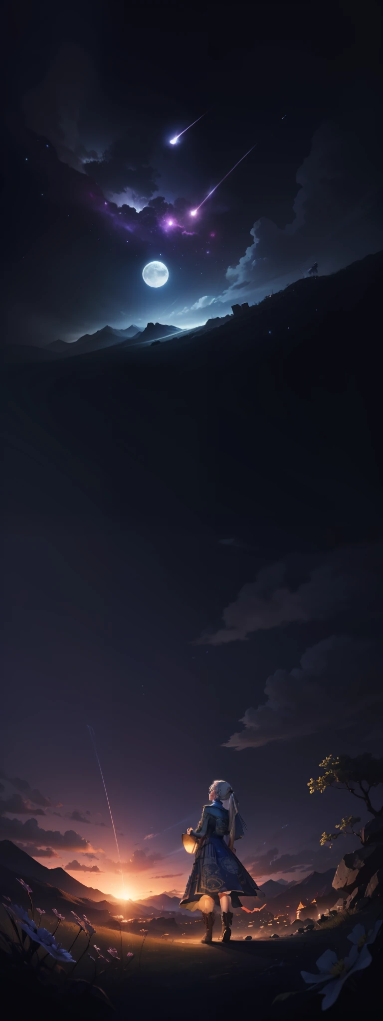 expansive landscape photography, (a view from below that shows the sky above and the open field below), a girl standing in a field of blue flowers looking up, (full moon: 1.2), (shooting stars: 0.9), (nebula: 1.3), distant mountain, tree BREAK production art, (hot light source: 1.2), (Firefly: 1.2), lamp, very blue and bright,  complex details, volumetric lighting, realism BREAK (masterpiece: 1.2), (best quality), 4k, ultra-detailed, (dynamic composition: 1.4), highly detailed, colorful details, (iridescent colors: 1.2), (bright lighting, atmospheric lighting), dreamy, magical, (solo: 1.2)