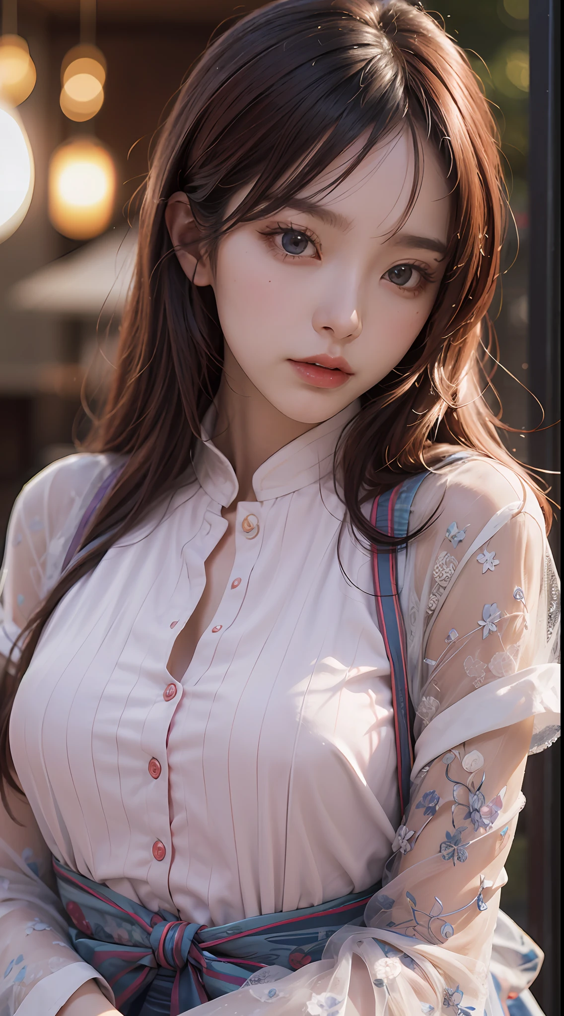 乃木坂４６、齋藤飛鳥、Masterpiece, 1 Beautiful Girl, Detailed Eyes, Swollen Eyes, Top Quality, Ultra High Resolution, (Reality: 1.4), Cinematic Lighting, Japanese, Asian Beauty, Korean, Very Beautiful, Beautiful Skin, Slender, Body Facing Forward, (Ultra Realistic), (High Resolution), (8K), (Very Detailed), ( Best Illustration), (beautifully detailed eyes), (super detailed), (wallpaper), detailed face, bright lighting, professional lighting, looking at viewer, facing straight ahead, outfit is neat light purple shirt and dress, 46 point slanted bangs, night view, black hair (some red hair with mesh),