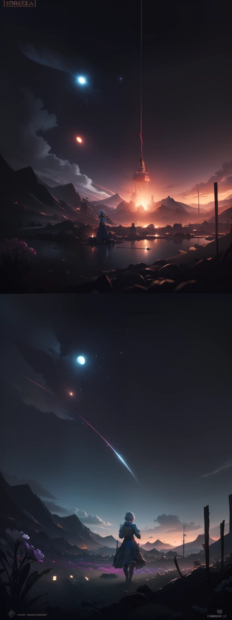 expansive landscape photography, (a view from below that shows the sky above and the open field below), a girl standing in a field of blue flowers looking up, (full moon: 1.2), (shooting stars: 0.9), (nebula: 1.3), distant mountain, tree BREAK production art, (hot light source: 1.2), (Firefly: 1.2), lamp, very blue and bright, complex details, volumetric lighting, realism BREAK (masterpiece: 1.2), (best quality), 4k, ultra-detailed, (dynamic composition: 1.4), highly detailed, colorful details, (iridescent colors: 1.2), (bright lighting, atmospheric lighting), dreamy, magical, (solo: 1.2)