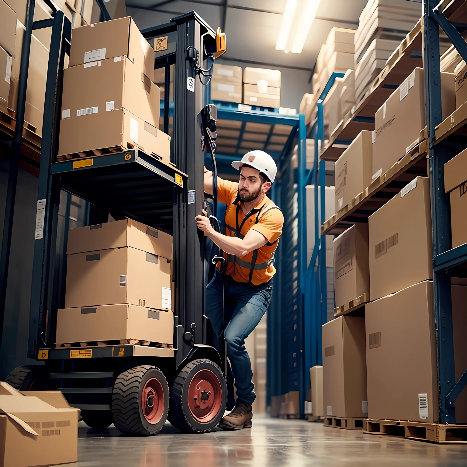 Draw a forklift operator in action by lifting a stack of boxes in a busy warehouse --auto