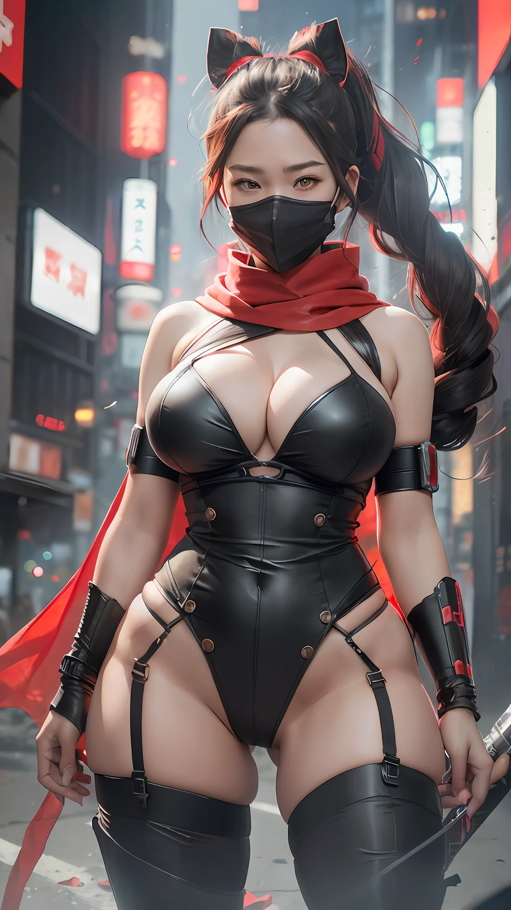 Mitsuri from Demon Slayer, signature outfit, Lewd, hentai, big breasts, massive cleavage, dangerous cleavage, camel toe, pantyshot(Pretty Young Woman, Ninja: 1.3, Mecha, Cyberpunk masks covering face, red lines murderous, DSLR, ray tracing, 3D, concept art, action painting, film lighting, chiaroscuro) :(1.3). Long white ponytail hair is messy. Masterpiece-like 8K resolution, (Murderous Death and Fear Shrouded): 0.5, long red scarf fluttering in the wind, cyberpunk city as a backdrop. "