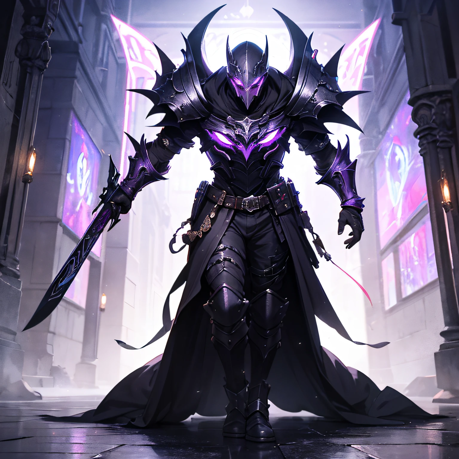 ((Male)), (mask on the floor of the face), black leather armor, short sword in hand, silver long hair, anime style, ultra-detailing, direct weapons, black armor, purple eyes, violet eyes, hood, hood on the head, glint in the eyes, stroke of the blow, corridor of the castle, dark fantasy, fantasy art, detailed image, 8k quality, high-quality art, purple glow behind the back, purple light overhead, purple radiation from the hand, fantasy, epic fantasy, guy, man --auto