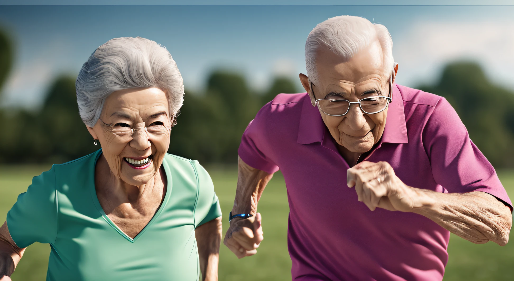 Elderly couple running, ultra realistic, 4k --auto