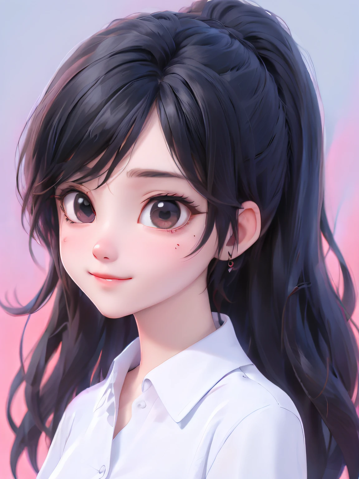 best quality, 1girl, solo, hair, cartoon portrait , black eyes, white shirt, simple background,