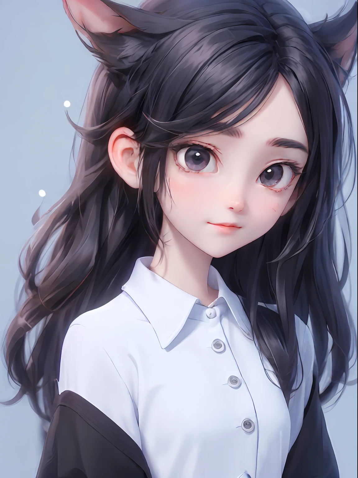 best quality, 1girl, solo, hair, cartoon portrait , black eyes, white shirt, simple background,