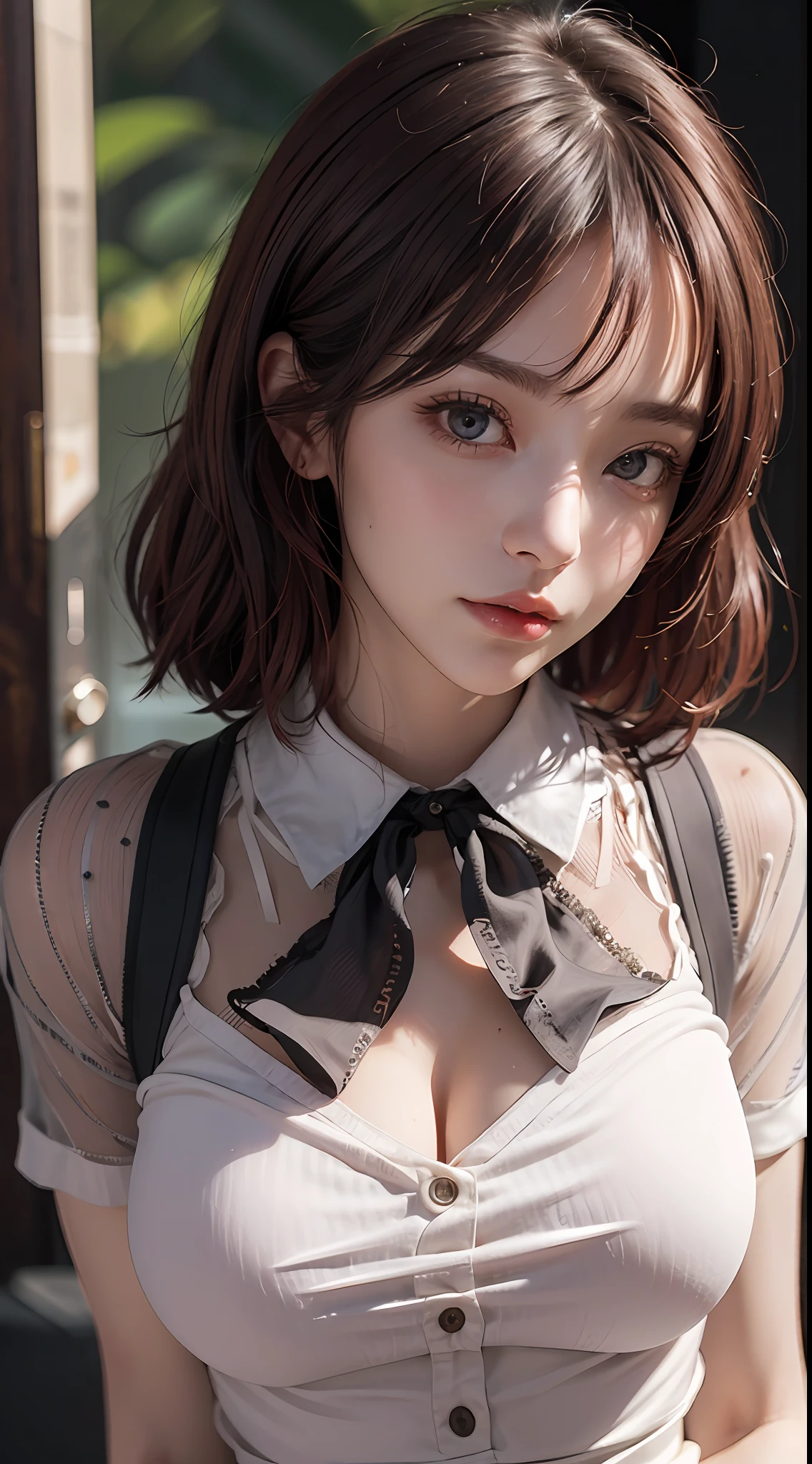 masterpiece, 1 beautiful girl, detailed eyes, puffy eyes, best quality, ultra high definition, (reality: 1.4), cinematic lighting, Japan, asian beauty, korean, super beautiful, beautiful skin, slender, body facing front, (ultra-realistic), (high resolution), (8K), (very detailed), (best illustration), (beautiful and detailed eyes), (super detailed), (wallpaper), detailed face, Bright lighting, professional lighting, looking at the viewer, facing straight ahead, the costume is neat light purple shirt and dress, 46-point diagonal bangs, night view, black hair (mesh and partly red hair), Nogizaka 46, Saito Asuka,