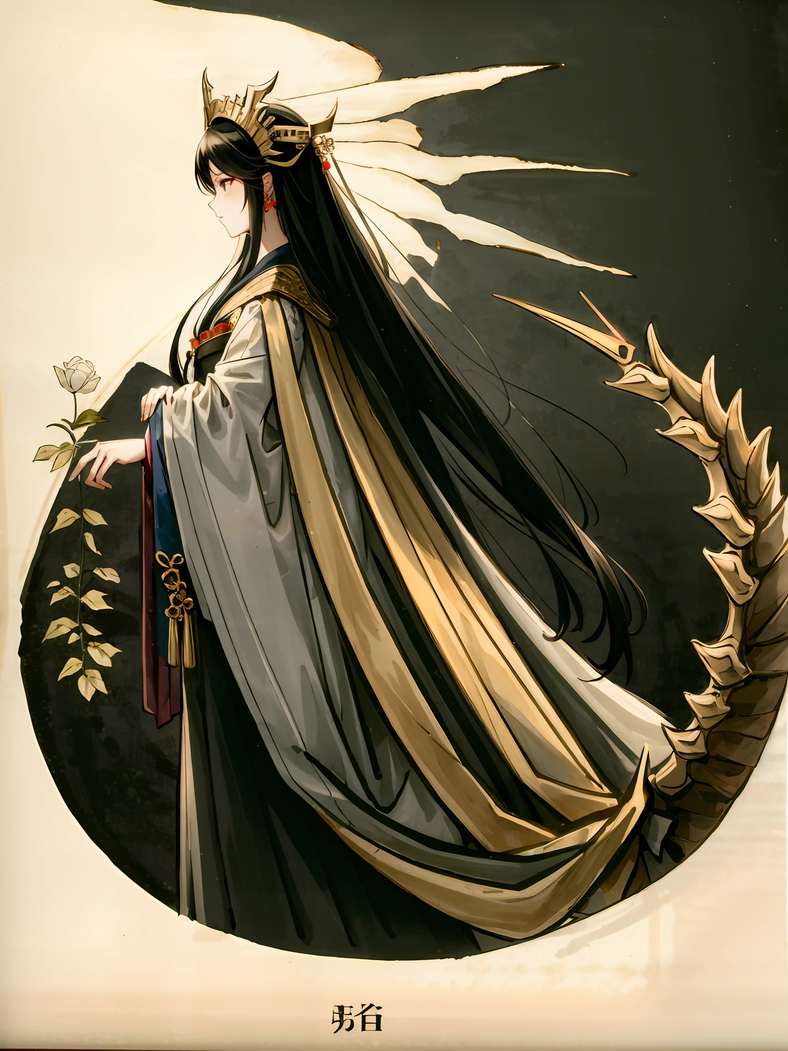 White Hanfu, black long hair, gold dragon headdress, two-dimensional style