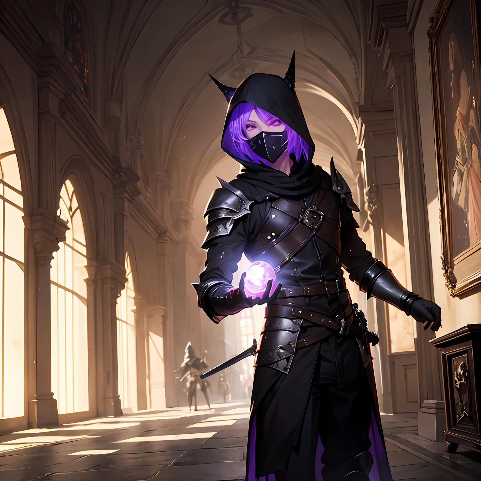 ((Male)), (mask on the floor of the face), black leather armor, short sword in hand, silver long hair, anime style, ultra-detailing, direct weapons, black armor, purple eyes, violet eyes, hood, hood on the head, glint in the eyes, stroke of the blow, corridor of the castle, dark fantasy, fantasy art, detailed image, 8k quality, high-quality art, purple glow behind the back, purple light overhead, purple radiation from the hand, fantasy, epic fantasy, guy, man --auto