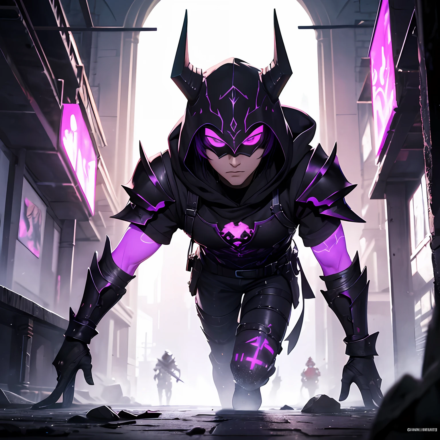 ((Male)), (mask on the floor of the face), black leather armor, short sword in hand, silver long hair, anime style, ultra-detailing, direct weapons, black armor, purple eyes, violet eyes, hood, hood on the head, glint in the eyes, stroke of the blow, corridor of the castle, dark fantasy, fantasy art, detailed image, 8k quality, high-quality art, purple glow behind the back, purple light overhead, purple radiation from the hand,  fantasy, epic fantasy, guy, man --auto