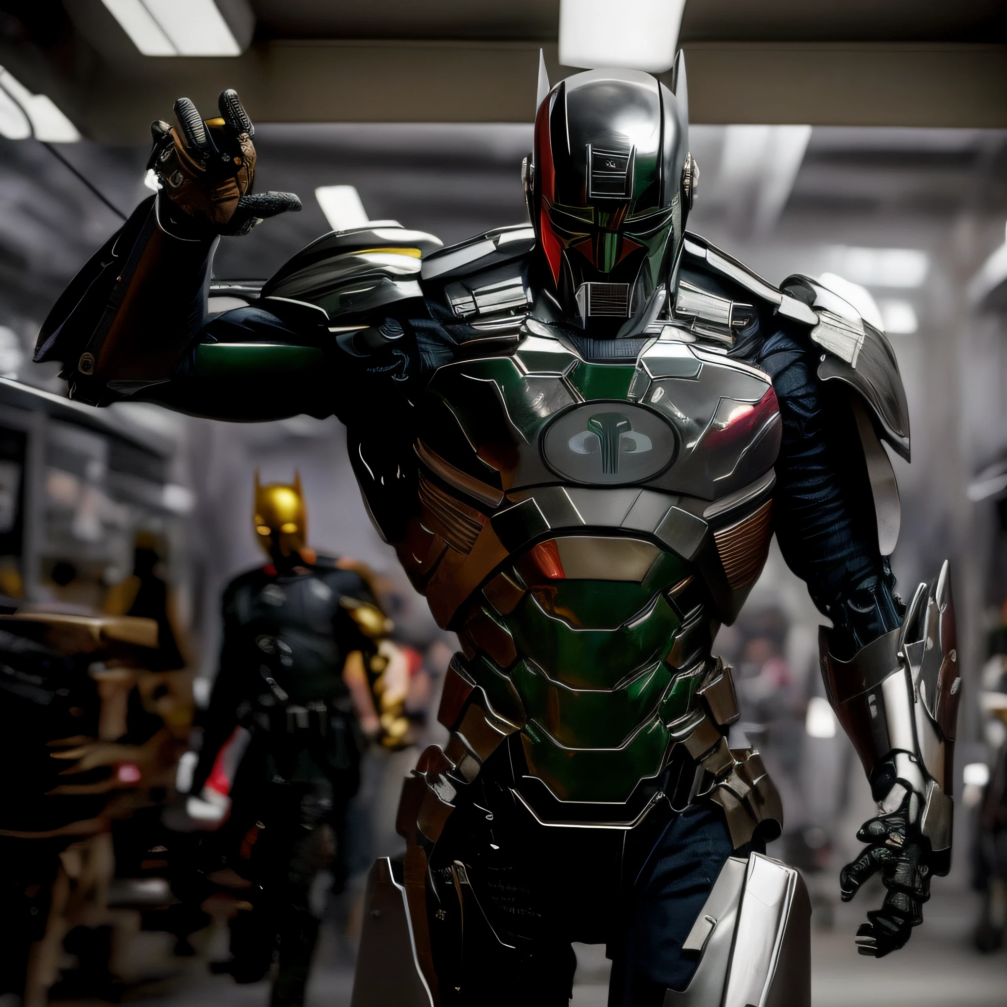 The Boba Fett ,BOBAFET displays an ornate and imposing armor, with intricate details in black,black. The helmet has a majestic appearance, CAPCETE MANDALORIADO a detailed face mask. HIGHLY REALISTIC