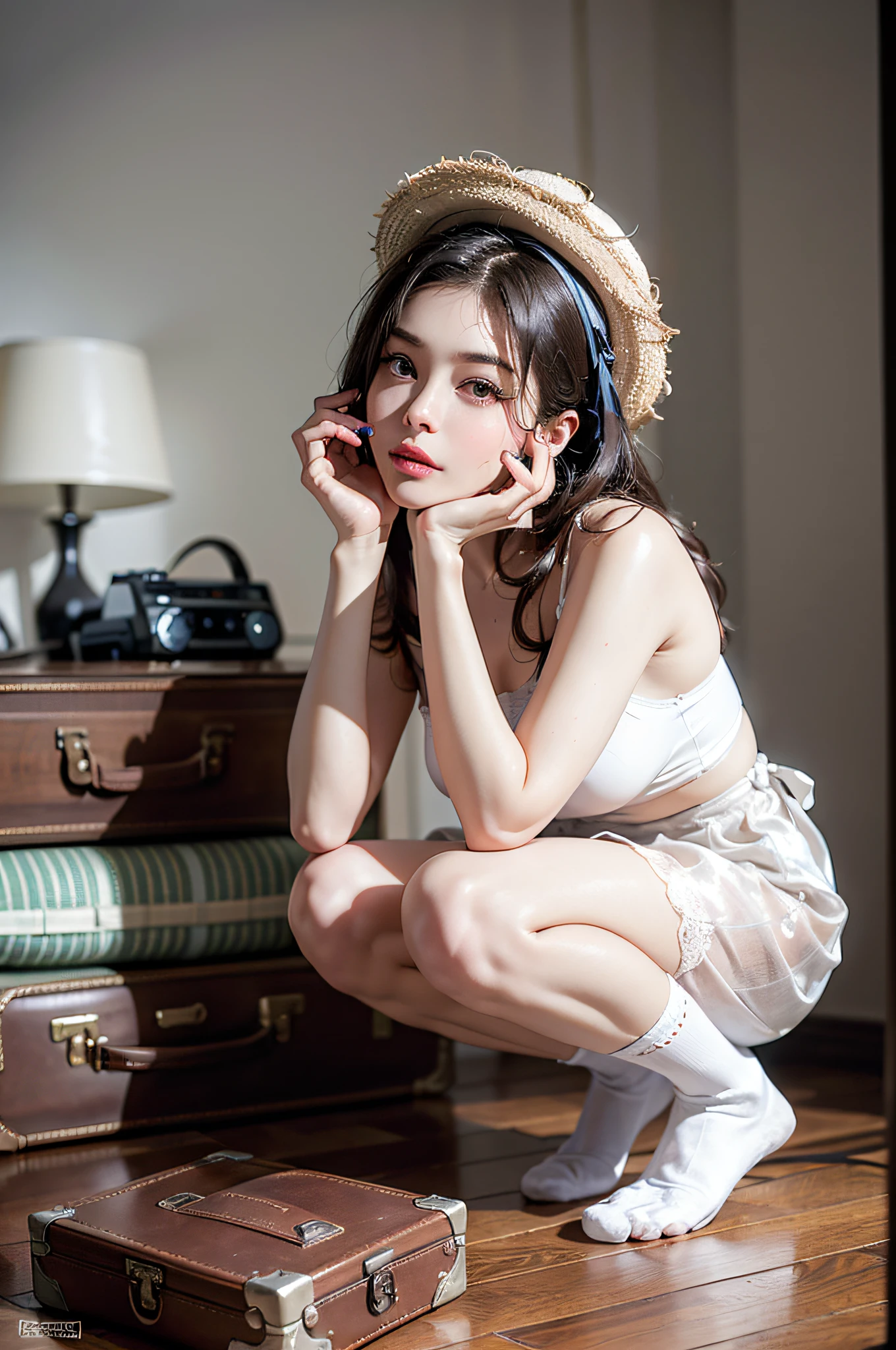 (Photoreal: 1.4), (Hyperrealistic: 1.4), (Realistic: 1.3), (Smooth Lighting: 1.05), (Improved cinematic lighting quality: 0.9), 32K, 1 Japan business woman, realistic lighting, backlight, face lights, ray tracking, very pale salmon-pink lips with a fairly shiny feel, ( Bright light: 1.2), (Quality improvement: 1.4), (Quality improvement: 1.4), Fine detailed eyes, Detailed face, Fine quality eyes, Dark brown eyes, (Tired and sleepy and satisfied: 0.0), pale lighting, bra, panties, ribbon tie, ((Shiny silk white ankle socks that are up to the toes))), strap shoes, white background, Squatting with legs on bed, books, hat, camisole, coffee set. retro radio, retro telephone, cloth, curtain, stationery, suitcase, cosmetics, makeup tools
