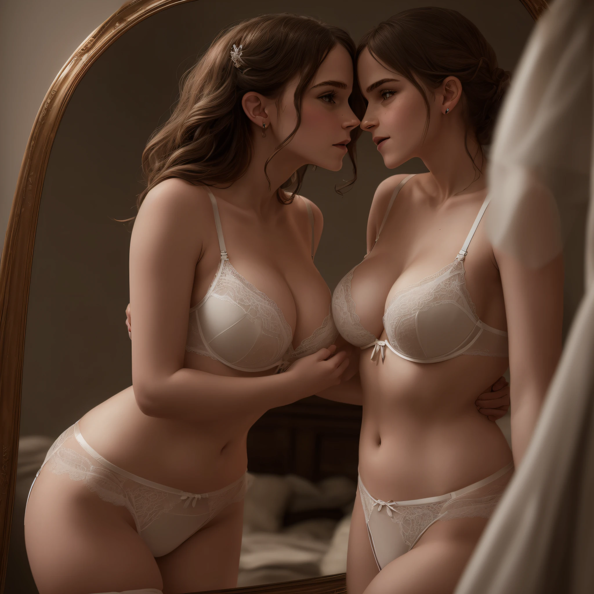 Emma Watson age 29 large breasts is wearing lingerie making out with a mirror (the subject has a expression or euphoria on her face. by Joshua Holford Photography award winning detail and flare 8k. the setting of the scene compares to the atmosphere of the scene --auto