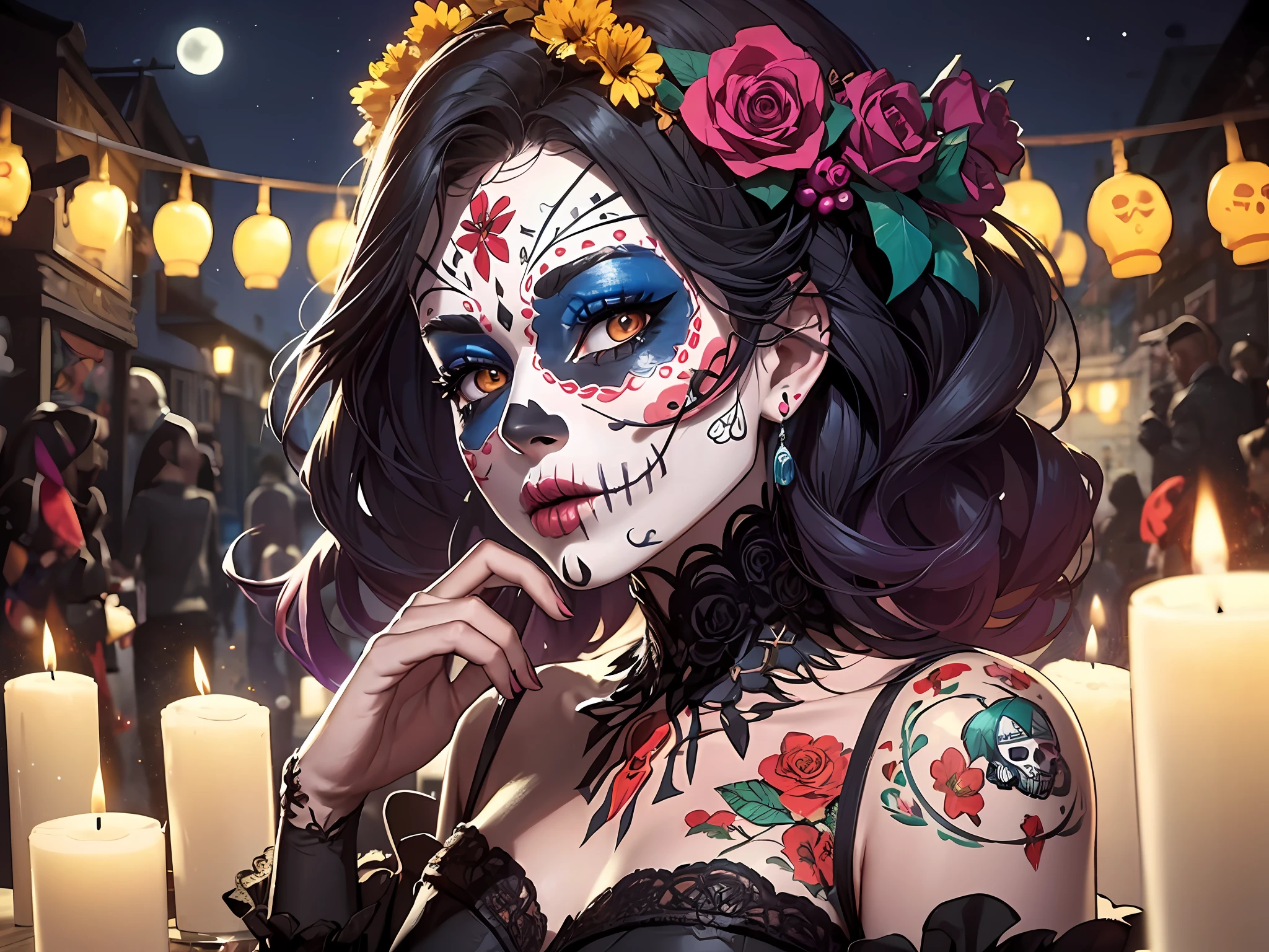 catrina, CatrinaMakeUp, dia de los muertos skull, ultra realistic, hd, 4k, best shadows and lighting, masterpiece, festive, colorful, beautifully detailed calaverita full makeup, rose crown, mexican, beautiful traditional dress in black with neon colors, candles , food and other decorations in the intricate magical background, night light, night time, night with full moon and dark lighting, cinematic, dust particles, dutch shot, dramatic, spectacular, dreamy,Day of the Dead