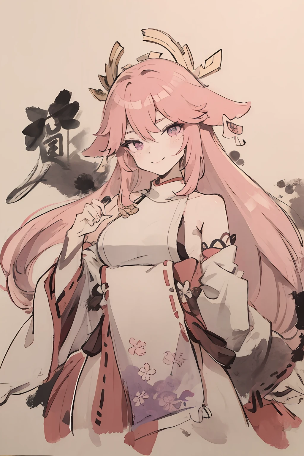 (Masterpiece, best quality: 1.2), traditional Chinese ink painting, pink hair, purple eyes, yae miko,