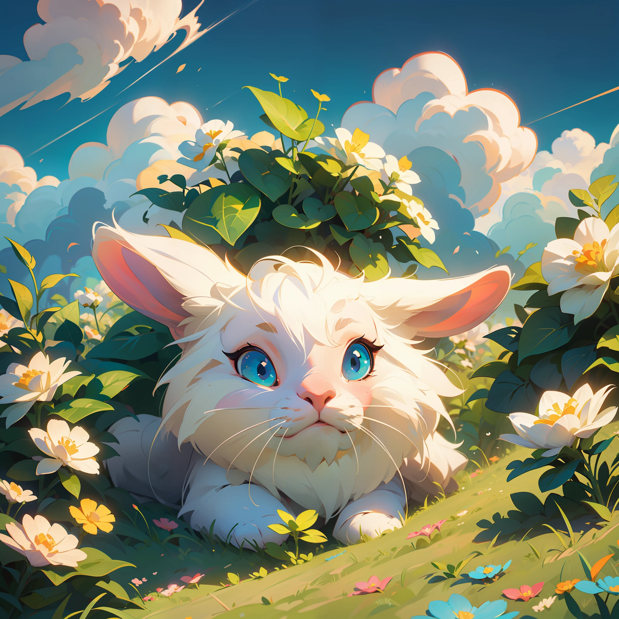 (extremely detailed CG unity 8k wallpaper,masterpiece, best quality, ultra-detailed),(best illumination, best shadow, an extremely delicate and beautiful),(cute bunny),(sleeping),(beautiful grass),(clouds),(colorful flowers)