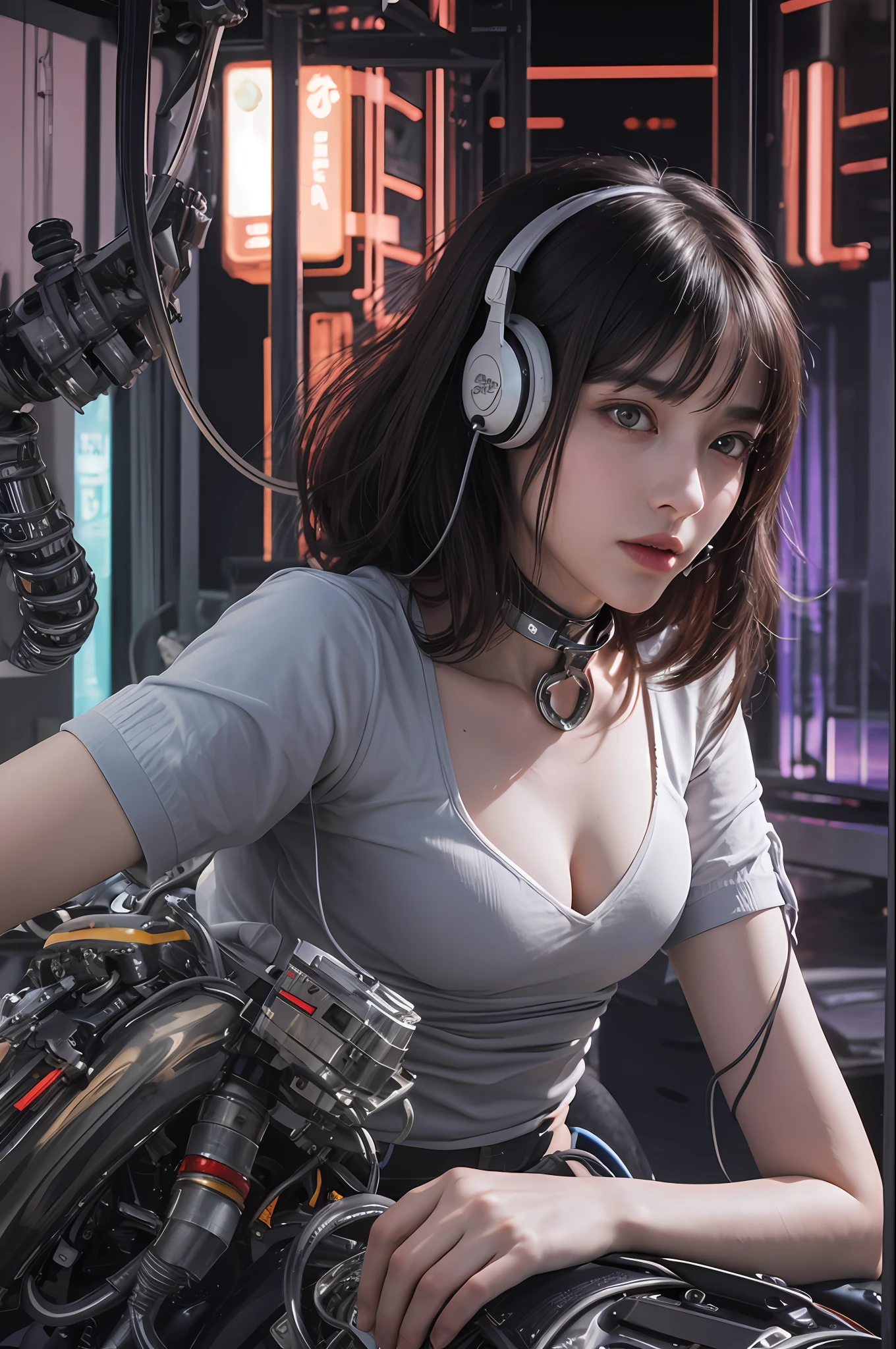 Top Quality, Masterpiece, Ultra High Resolution, (Photorealistic: 1.4), Raw Photo, 1 Girl Straddling a Futuristic Red AKIRA Bike, Black Hair, Glossy Skin, 1 Mechanical Girl, (((Ultra Realistic Details)), Portrait, Global Illumination, Shadows, Octane Rendering, 8K, Ultra Sharp, Big, cleavage exposed raw skin, metal, intricate ornamental details, headsets, hydraulic cylinders, very intricate details, realistic light, CGSoation trends, purple eyes, glowing eyes, facing the camera, neon details, mechanical limbs, blood vessels connected to tubes, mechanical vertebrae attached to the back, mechanical cervical attachment to the neck, sitting, Wires and cables connecting to the head, Evangelion, cyberpunk, small LED lamps, the background is a futuristic cylinder-shaped space city inside a colony,