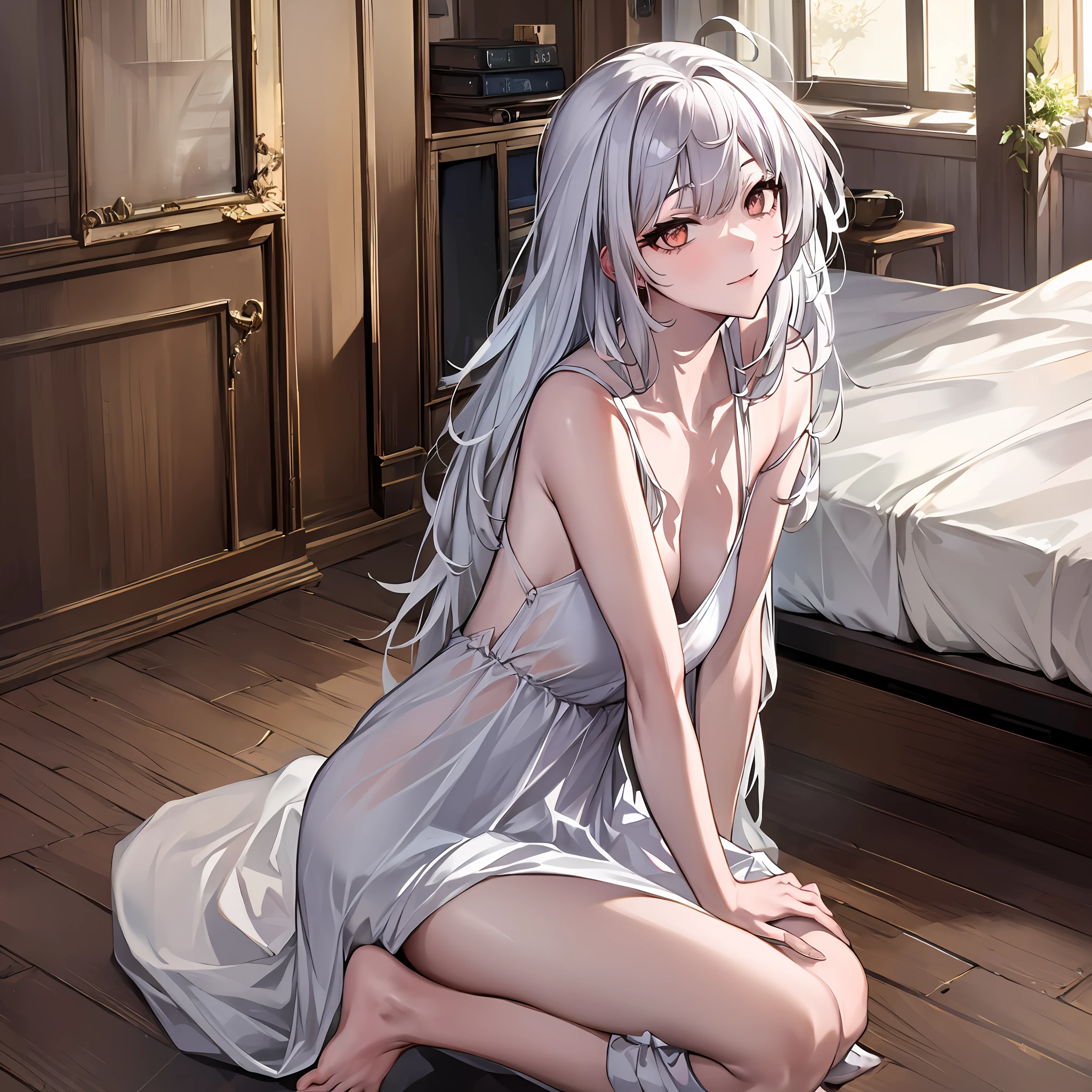 1 beautiful girl, white hair, crouched in sensual pose, little clothes, bedroom.