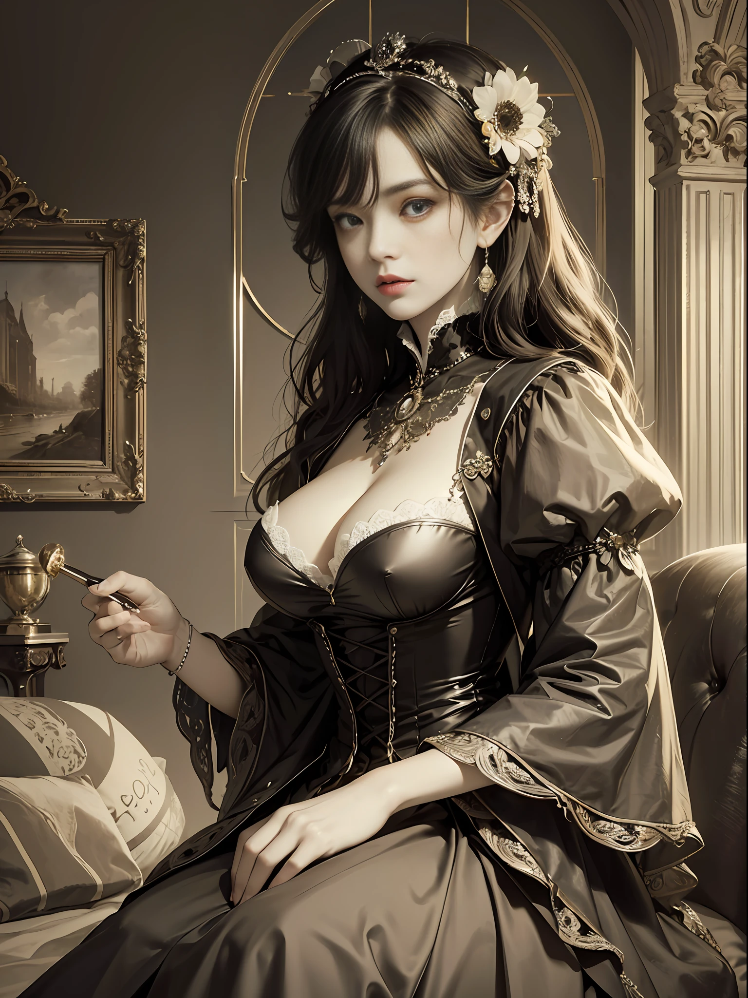(Pure Color: 0.9), (Color: 1.1), (Masterpiece: 1,2), Top Quality, Masterpiece, High Resolution, Original, Highly Detailed Wallpaper, Beauty, Victorian, Dress, Melancholy, Big Breasts, Sepia Color, 40 years old --auto --s2