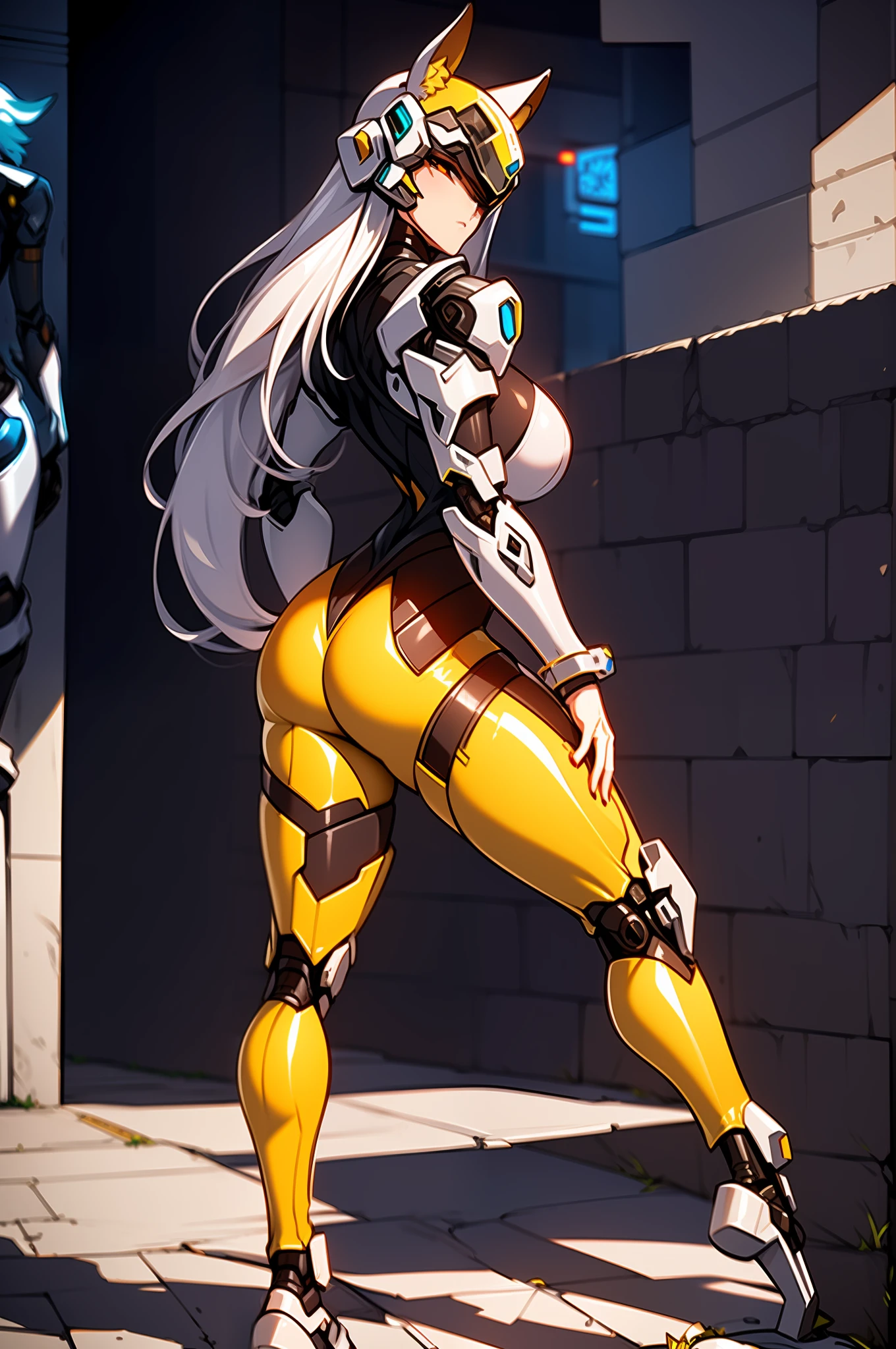 there is a woman in a silver suit walking down a street, wearing techwear and armor, kitsune inspired armor, an anthropomorphic cyberpunk fox, as overwatch character, jetstream sam from metal gear, junker queen from overwatch, porcelain cyborg armor, white cyborg fashion shot, husky in shiny armor, wearing techwear and armor, kitsune inspired armor, porcelain cyborg armor, jetstream sam from metal gear, cyberpunk glossy latex suit, girl in mecha cyber armor, an anthropomorphic cyberpunk fox, raiden from metal gear rising, as overwatch character, caracal cyborg, full-enclosed wolf-helmet, wolf-themed helmet