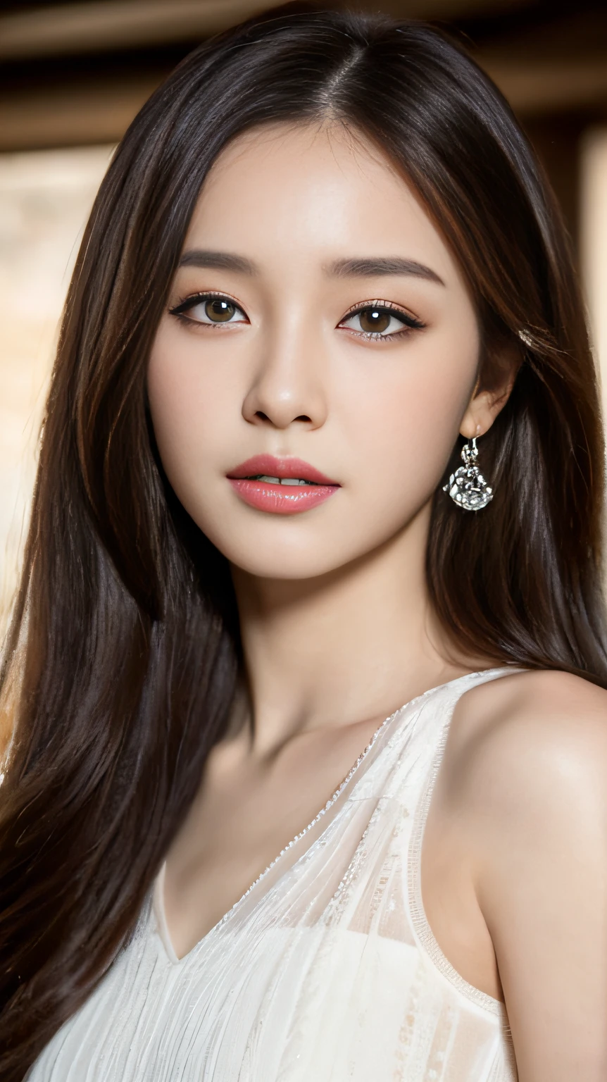 (Best quality, 8K, masterpiece:1.3)) , (one person: 1.4), 1girl, a Korean woman, a goddess, 25 years old, portrait photography, high contrast, God perspective, aperture F1.2, focal length 24mm, ( Full body: 1.2), smile, pose for photos, fine lace, slip dress, simple cut dress, brand dress, simple cut, long black hair, hair tied up, super detailed skin details, detailed fabric texture