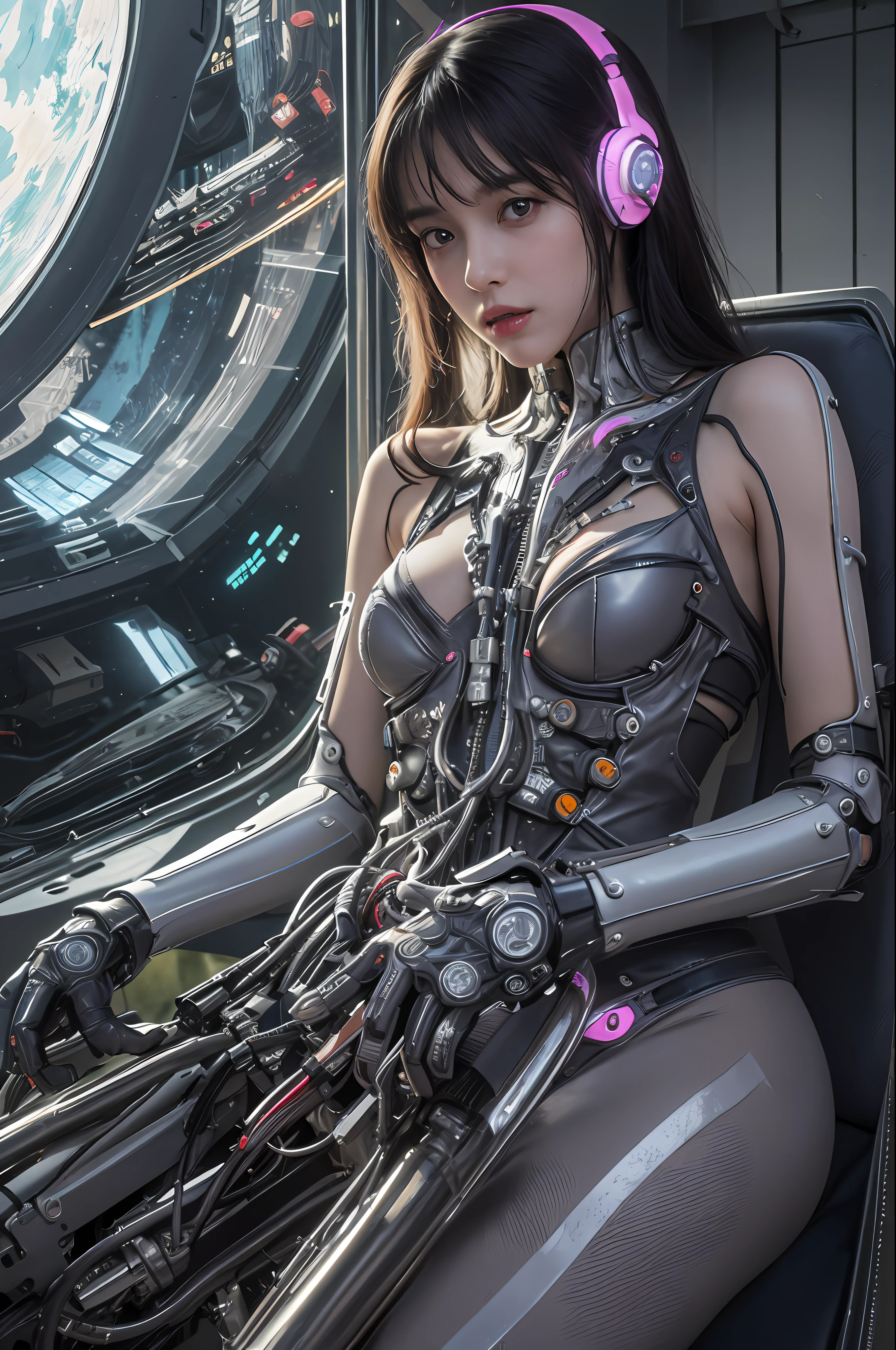 Top Quality, Masterpiece, Ultra High Resolution, (Photorealistic: 1.4), Raw Photo, 1 Girl Straddling a Futuristic Red AKIRA Bike, Black Hair, Glossy Skin, 1 Mechanical Girl, (((Ultra Realistic Details)), Portrait, Global Illumination, Shadows, Octane Rendering, 8K, Ultra Sharp, Big, cleavage exposed raw skin, metal, intricate ornamental details, headsets, hydraulic cylinders, very intricate details, realistic light, CGSoation trends, purple eyes, glowing eyes, facing the camera, neon details, mechanical limbs, blood vessels connected to tubes, mechanical vertebrae attached to the back, mechanical cervical attachment to the neck, sitting, Wires and cables connecting to the head, Evangelion, cyberpunk, small LED lamps, the background is a futuristic cylinder-shaped space city inside a colony,