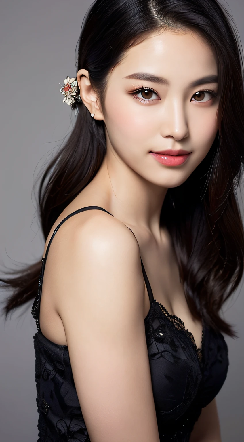 (Best quality, 8K, masterpiece:1.3)) , (one person: 1.4), 1girl, a Korean woman, a goddess, 25 years old, portrait photography, high contrast, God perspective, aperture F1.2, focal length 24mm, ( Full body: 1.2), smile, pose for photos, fine lace, slip dress, simple cut dress, brand dress, simple cut, long black hair, hair tied up, super detailed skin details, detailed fabric texture