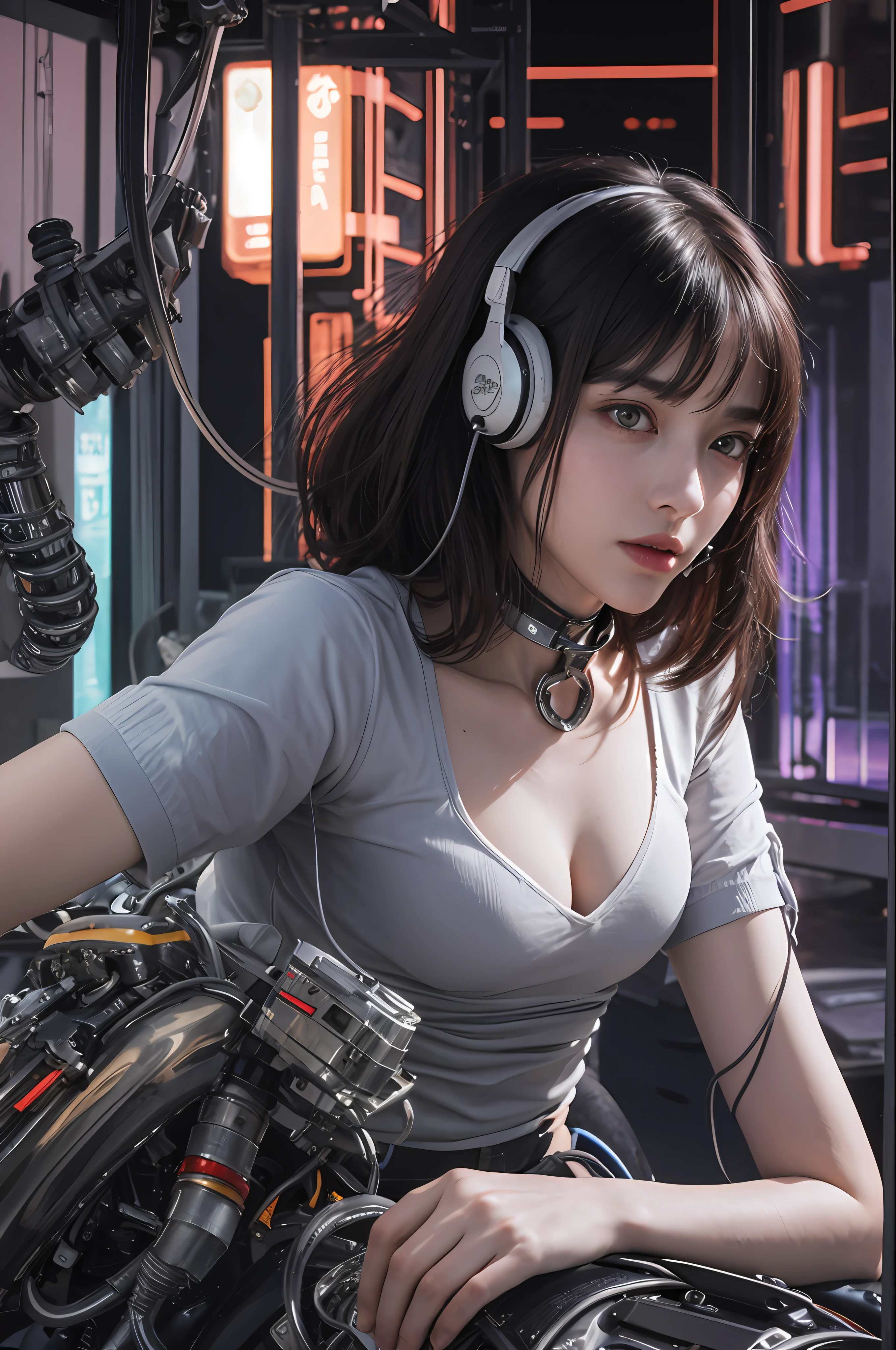 Top Quality, Masterpiece, Ultra High Resolution, (Photorealistic: 1.4), Raw Photo, 1 Girl Straddling a Futuristic Red AKIRA Bike, Black Hair, Glossy Skin, 1 Mechanical Girl, (((Ultra Realistic Details)), Portrait, Global Illumination, Shadows, Octane Rendering, 8K, Ultra Sharp, Big, cleavage exposed raw skin, metal, intricate ornamental details, headsets, hydraulic cylinders, very intricate details, realistic light, CGSoation trends, purple eyes, glowing eyes, facing the camera, neon details, mechanical limbs, blood vessels connected to tubes, mechanical vertebrae attached to the back, mechanical cervical attachment to the neck, sitting, Wires and cables connecting to the head, Evangelion, cyberpunk, small LED lamps, the background is a futuristic cylinder-shaped space city inside a colony,