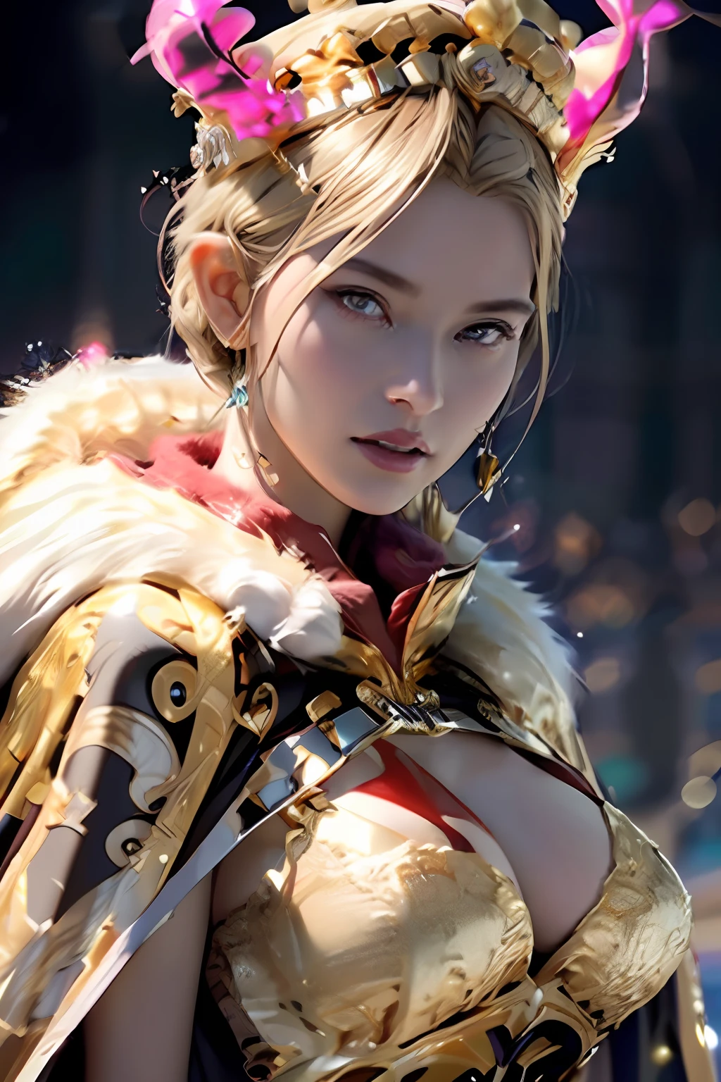 Ultra-detailed complex 3D rendering of the face, (masterpiece, top quality, octane rendering), glamour shots, full body image, very beautiful young elves, cleavage, (highly detailed skin: 1.2), (exposure: 1.1), ((Pink micro bikini studded with jewels: 1.95)))). 40k, (((very soft breasts)), (((noticeable large pink areola)), beautiful Caucasian woman with full soft breasts and dark skin with big buttocks, one, long braided hair, big breasts, dynamic angle, (((huge breasts: 2.4)), ultra-realistic photos, ((((blonde))), futuristic urban background, facial muscles, (((((detailed and glamorous gold crown)))), In the style of Marvel Comics, ArtStation Trends, Clear Focus, Intricate Detail, Very Detailed, Detailed Red Eyes, Very Detailed, Sharp Focus, Digital Rendering, Professional, Abs, Lip Gloss, Glossy Skin, (Glamorous Black Cape Lined with Fur: 1.95))))
