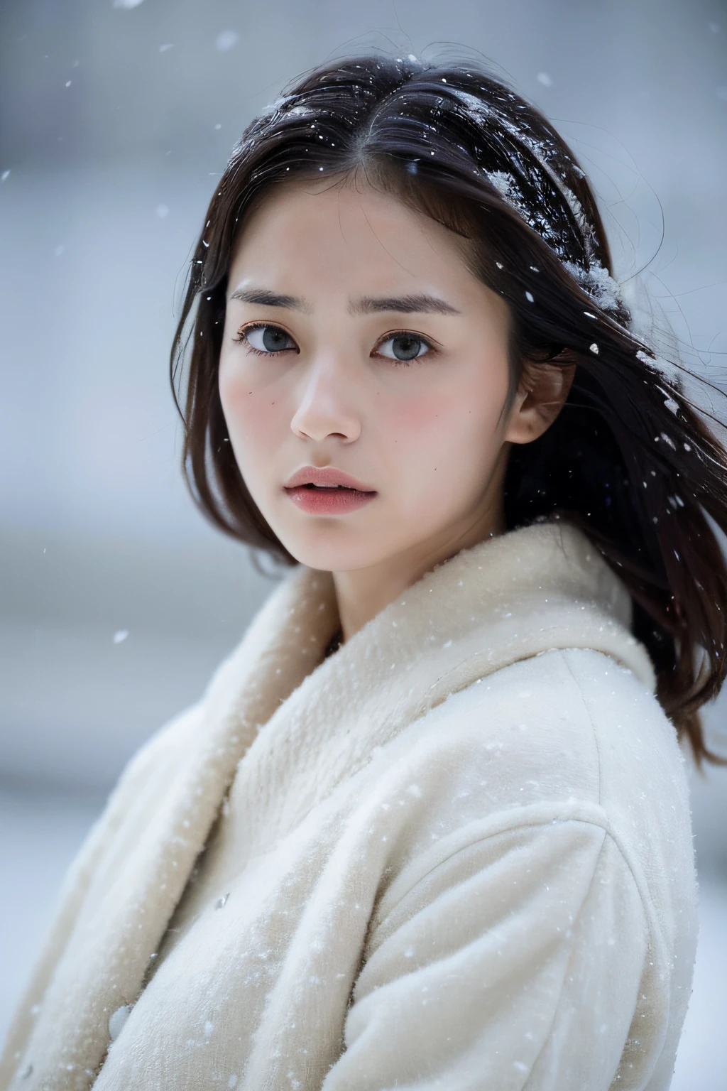 (8k, best quality, masterpiece, ultra highres:1.2) Photo of Pretty Japanese woman
 in the (style of paul rubens and rebecca guay:1.1) (melancholy winter snow:1.4)