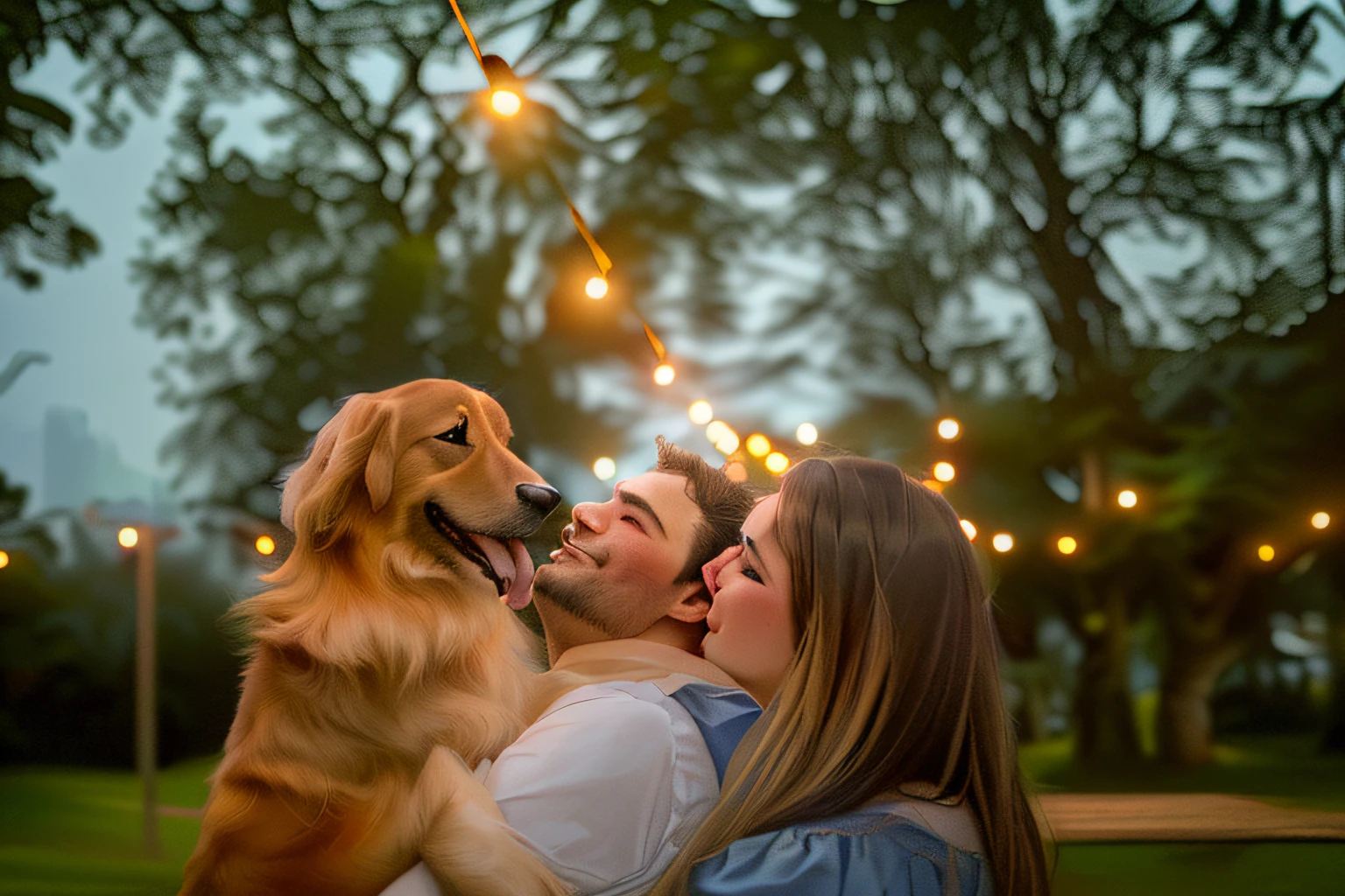 there is a man and woman hugging a dog in the park, portrait shot, detailed portrait shot, bokeh in the background only, by Matt Cavotta, portrait, couples portrait, mid shot portrait, a portrait, closeup portrait shot, large portrait, close portrait, profile image, close up portrait shot, by Daniel Schultz, medium portrait, morning golden hour --auto