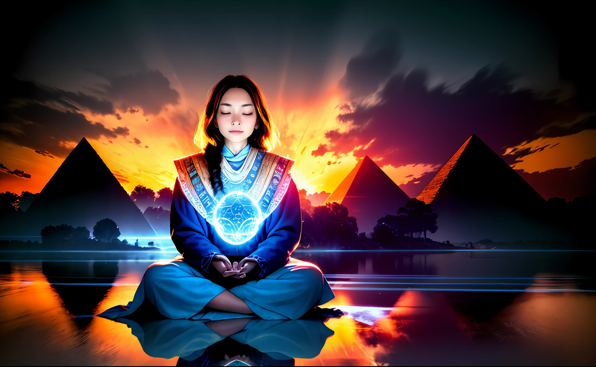 a woman ARABE, BEAUTIFUL, , 35 years old, hyper realistic, beautiful, meditating from ultra realistic pérfil, serene, happy, harmonious, mystical, with a white tunic, with blue details, hair, calm countenance, realistic image, Expressionism, relationship graph, reflection light, backlighting, UHD, with background illuminated with magnificent sunset, yellow, orange and blue, vibrant colors , WITH THE PYRAMIDS OF EGYPT ILLUMINATED ULTRA REALISTIC AND WITH VIBRANT COTRES