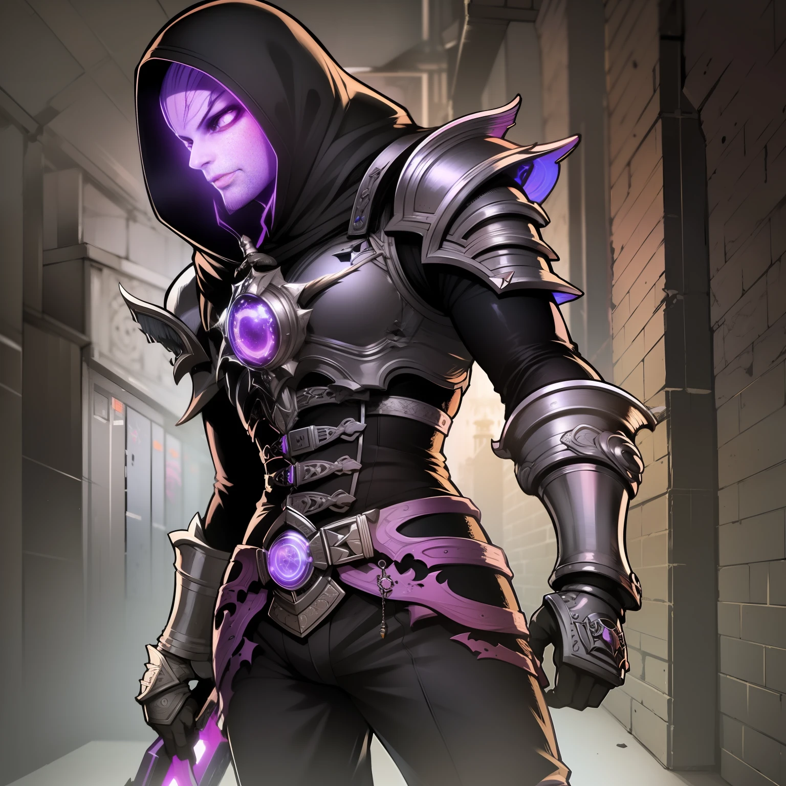 ((Male)), (mask on the floor of the face), black leather armor, short sword in hand, silver long hair, anime style, ultra-detailing, direct weapons, black armor, purple eyes, violet eyes, hood, hood on the head, glint in the eyes, stroke of the blow, corridor of the castle, dark fantasy, fantasy art, detailed image, 8k quality, high-quality art, purple glow behind the back, purple light overhead, purple radiation from the hand,  fantasy, epic fantasy, guy, man