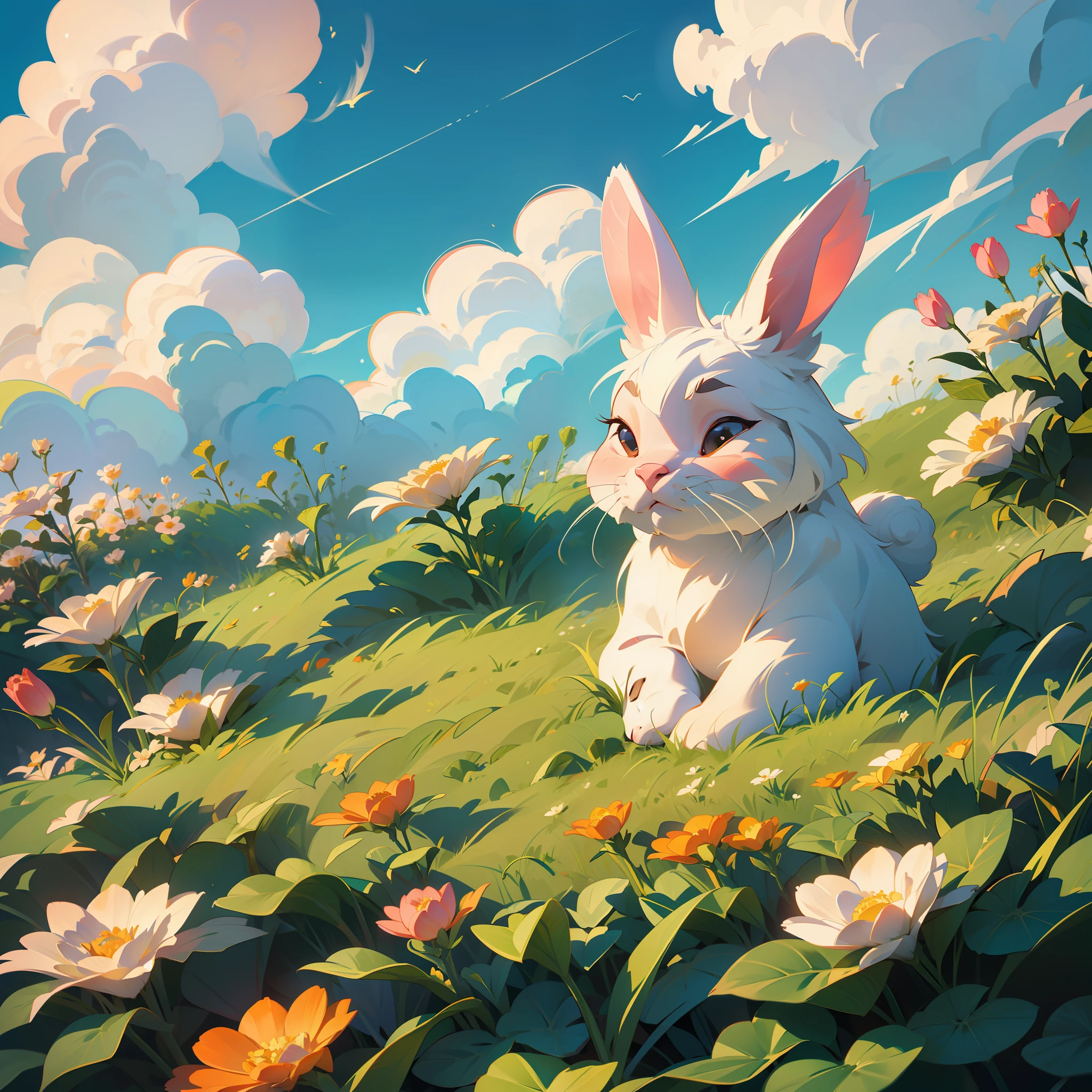 (extremely detailed CG unity 8k wallpaper,masterpiece, best quality, ultra-detailed),(best illumination, best shadow, an extremely delicate and beautiful),(cute bunny),(sleeping),(beautiful grass),(clouds),(colorful flowers)