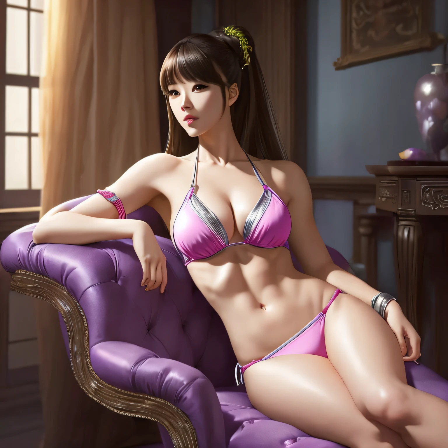 There is a woman sitting in a chair in a room with pink bikini, silver high heels, muscular, blonde, long hair, green eyes, big breasts, big ass, sexy xianxia painting, full body, by Yang J, trend in cgstation, extremely detailed artgerm, artgerm style, trend in cgstation, beautiful seductive anime woman, murata and artgerm range, sexy pose, American Goddess --auto
