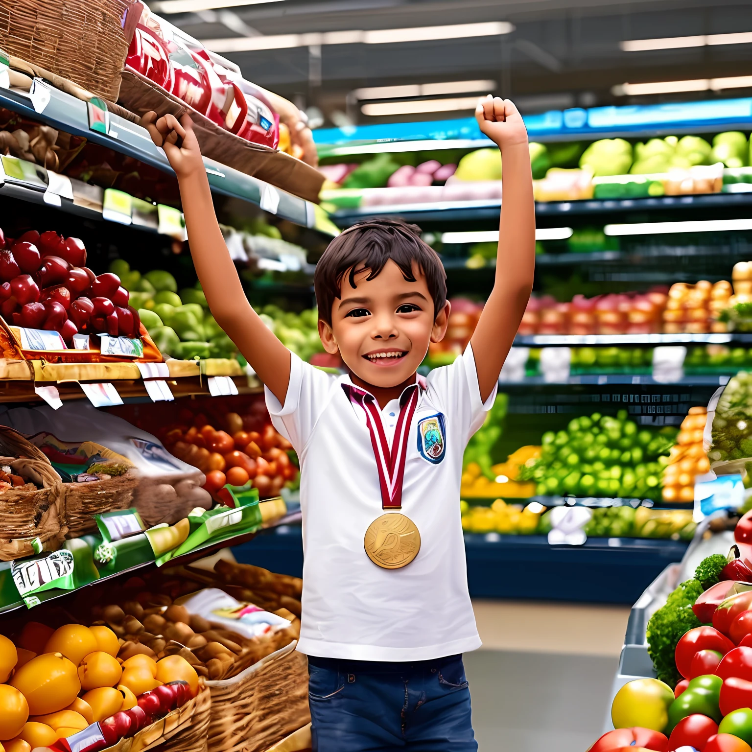happy Brazilian child, on top of a podium, with medal, supermarket background, HDR --auto