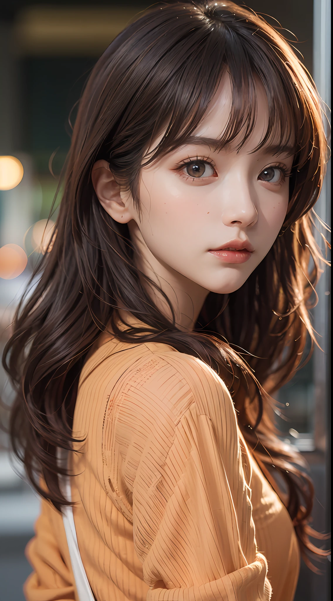 masterpiece, 1 beautiful girl, detailed eyes, puffy eyes, best quality, ultra high definition, (reality: 1.4), cinematic lighting, Japan, asian beauty, korean, super beautiful, beautiful skin, slender, body facing front, (ultra-realistic), (high resolution), (8K), (very detailed), (best illustration), (beautiful and detailed eyes), (super detailed), (wallpaper), detailed face, Bright lighting, professional lighting, looking at the viewer, facing straight ahead, the costume is a neat light orange shirt and dress, 46-point diagonal bangs, night view, black hair (some orange hair with mesh), Nogizaka 46, Asuka Saito,
