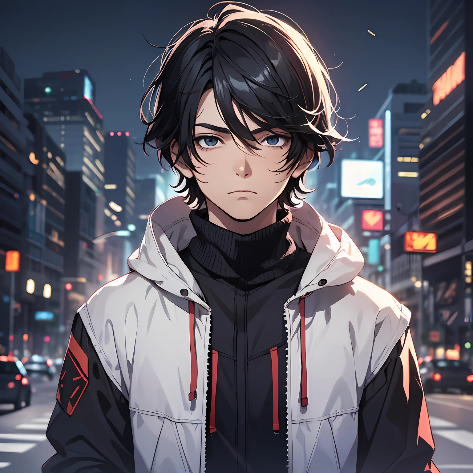 digital art, 4k, anime, teenage boy, medium black hair, cold, melancholy, dark backdrop, half body up