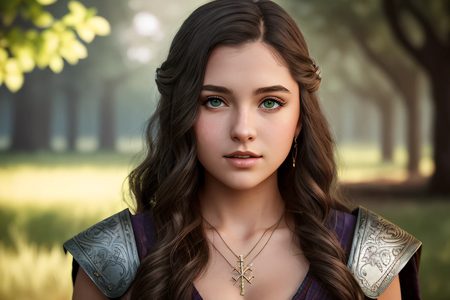 arafed woman with a cross necklace and a necklace on her neck, beautiful young girl, princess portrait, matte painting portrait shot, viking teen shieldmaiden, medieval princess, as a medieval fantasy character, beautiful young model, young goddess, girl in knight's armor, young adult fantasy cover romance, beautiful female princess, portrait of a young elf wizard,  ANIME STYLE, CARTOON STYLE, cinematic pastel lighting, hyper-realistic cyberpunk style, ANIME STYLE mixed with fujifilm