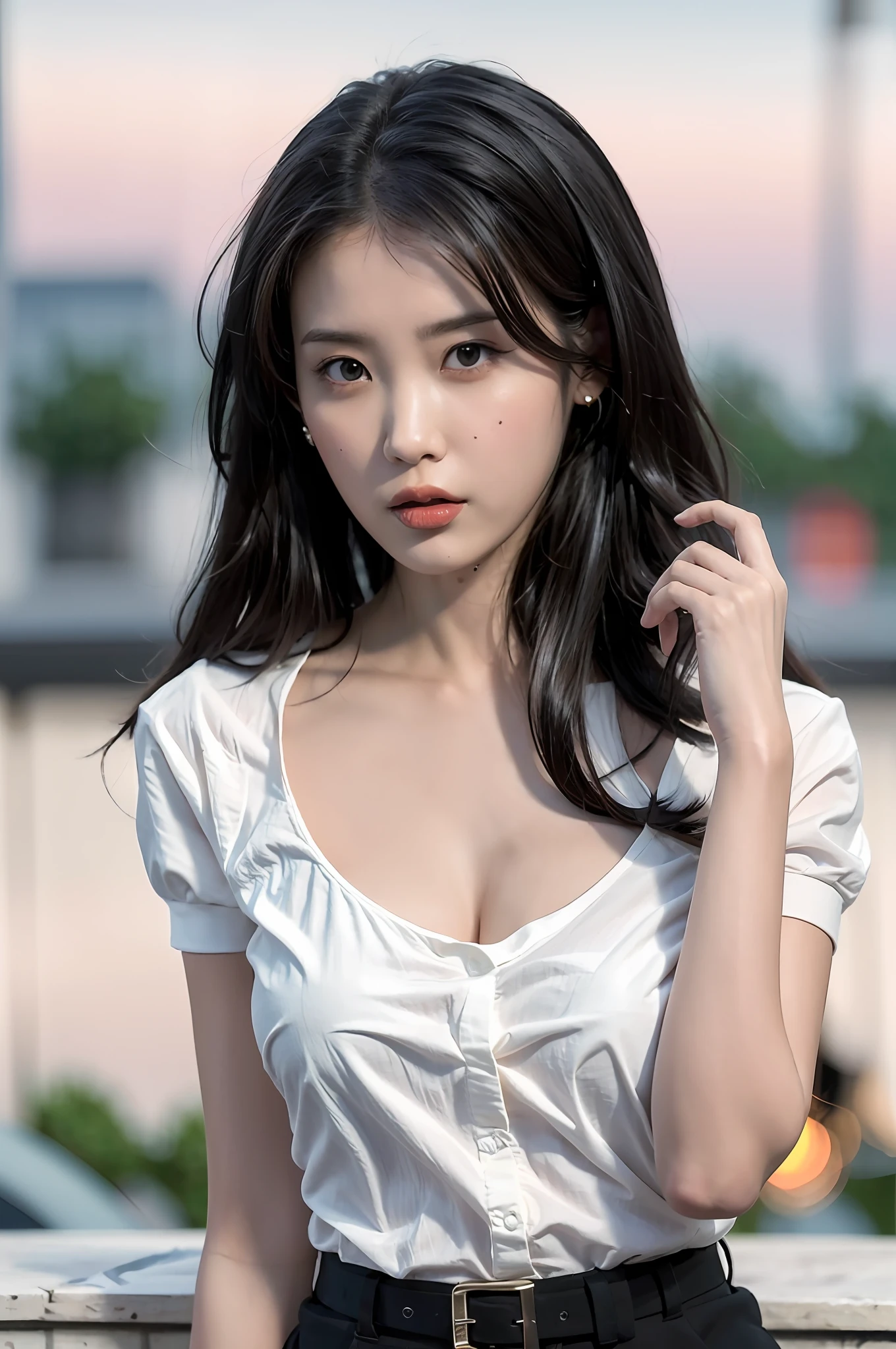 (8k, best quality, masterpiece, ultra highres:1.2) Photo of Pretty Japanese woman beautiful, beautiful enchanting fashion contemporary painting with a, looking at the viewer, ((sunset background)), (1girl), (white shirt short sleeves), ((black pencil skirt)), belt, ((hand down)),black hair, medium hair, high angle photo of a gorgeous woman, realistic skin texture, looks up, (nudity), round chin, 85 mm art lens, f 1. 2, sharp focus, 8 k high definition, insanely detailed, intricate, elegant, large breasts, dynamic pose, huge breasts, deep cleavage