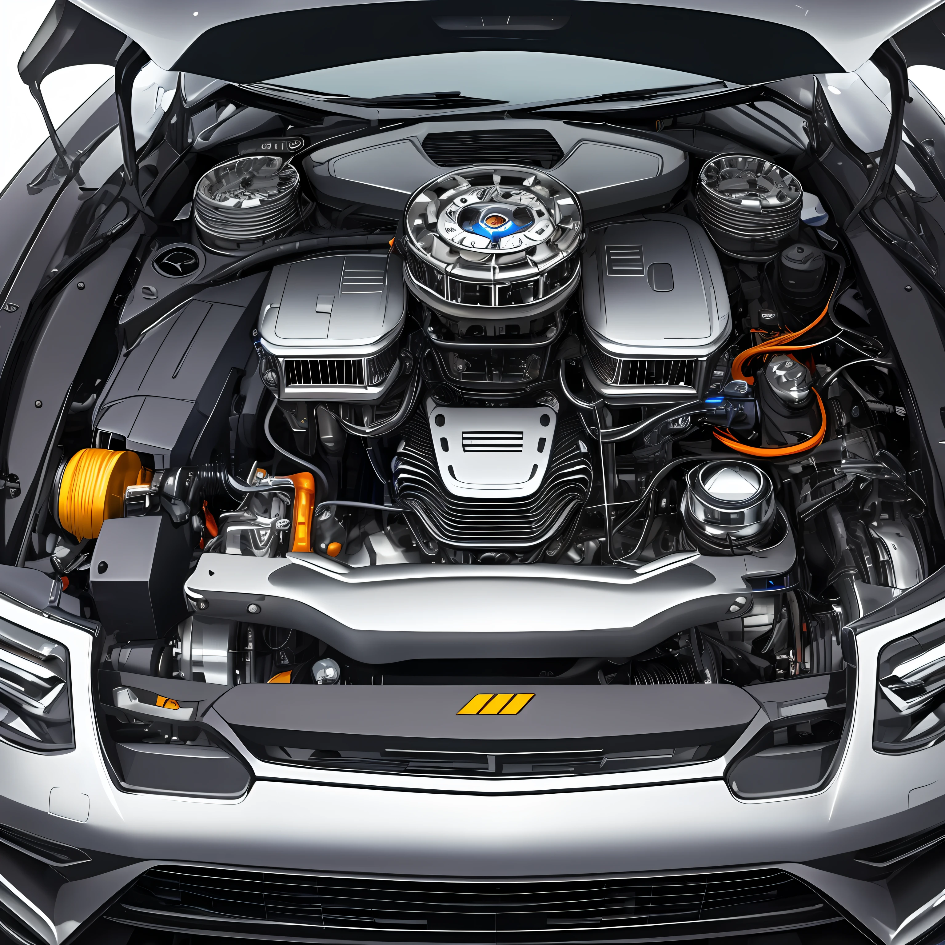 Imagine a V10 engine with a chrome finish and spiral gears that appear from the center of the engine. Add futuristic design elements, such as LED lights, to highlight the engine's modern, technological aesthetic. --auto
